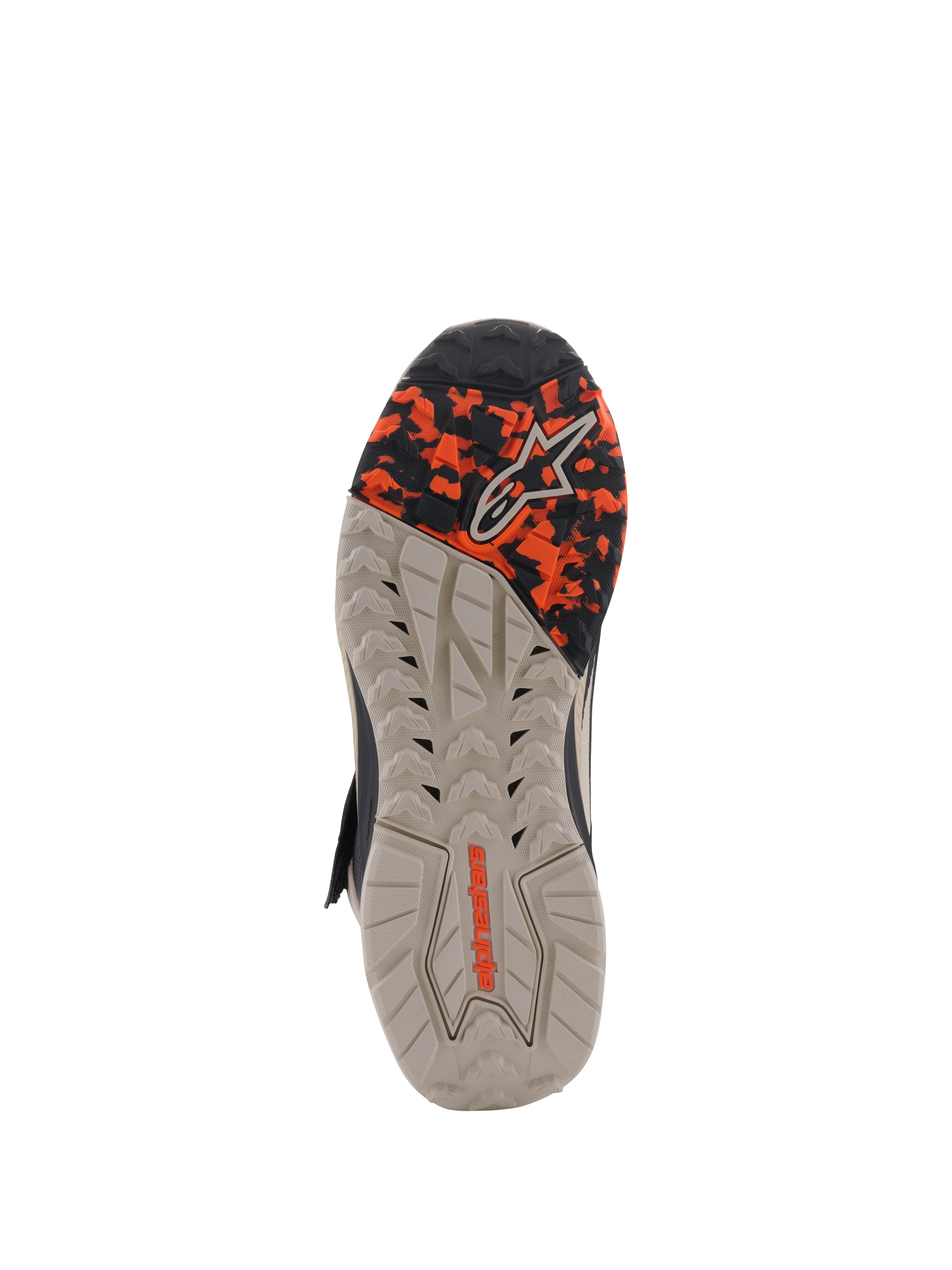 Sapatos Alpinestars Speedstreet, vista da sola, Black Almond Hot Orange, com sola de borracha multi-texturizada resistente ao óleo, parte frontal com padrão camuflado e marca Alpinestars em relevo, concebidos para aderência e estabilidade.