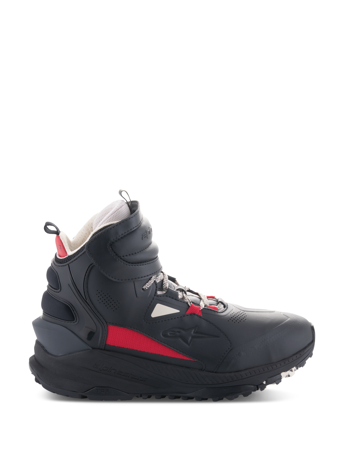 Sapatos Alpinestars Speedstreet, sapatos de motociclismo, preto, bege e vermelho vivo, perfil lateral de cano alto, design inspirado em streetwear, colarinho acolchoado, sola grossa com marcação TPF, equipamento de proteção para condução urbana