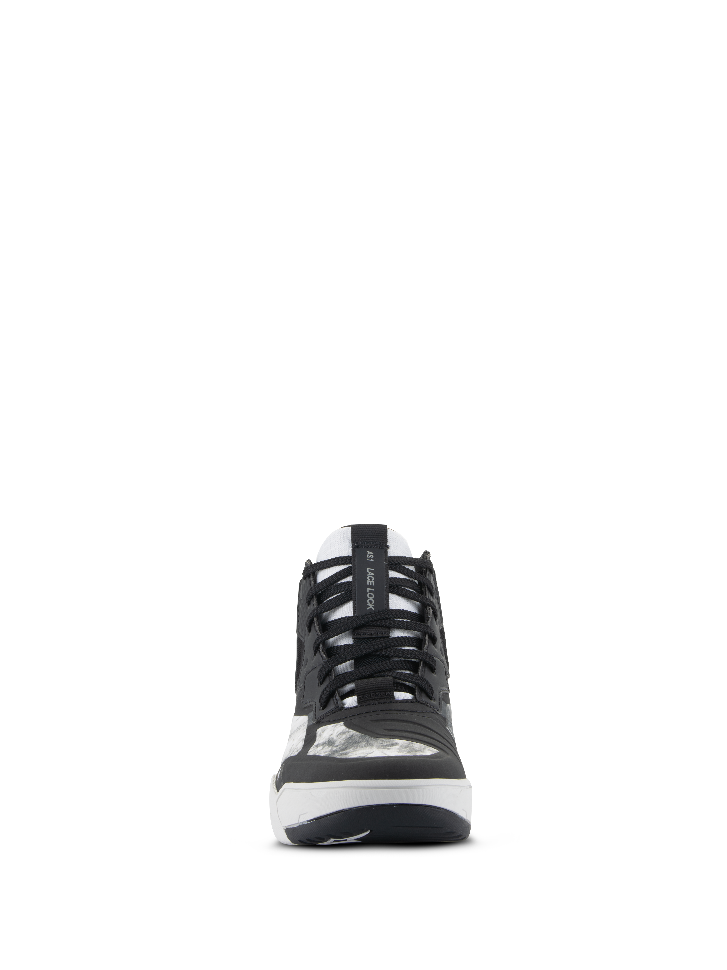 Alpinestars Speedflight Shoes, Motorcycle Riding Shoes, Black Gray and White, front view featuring black laces, AS1 Lace Lock strap on the tongue, and integrated shift pad, street-styled performance footwear.