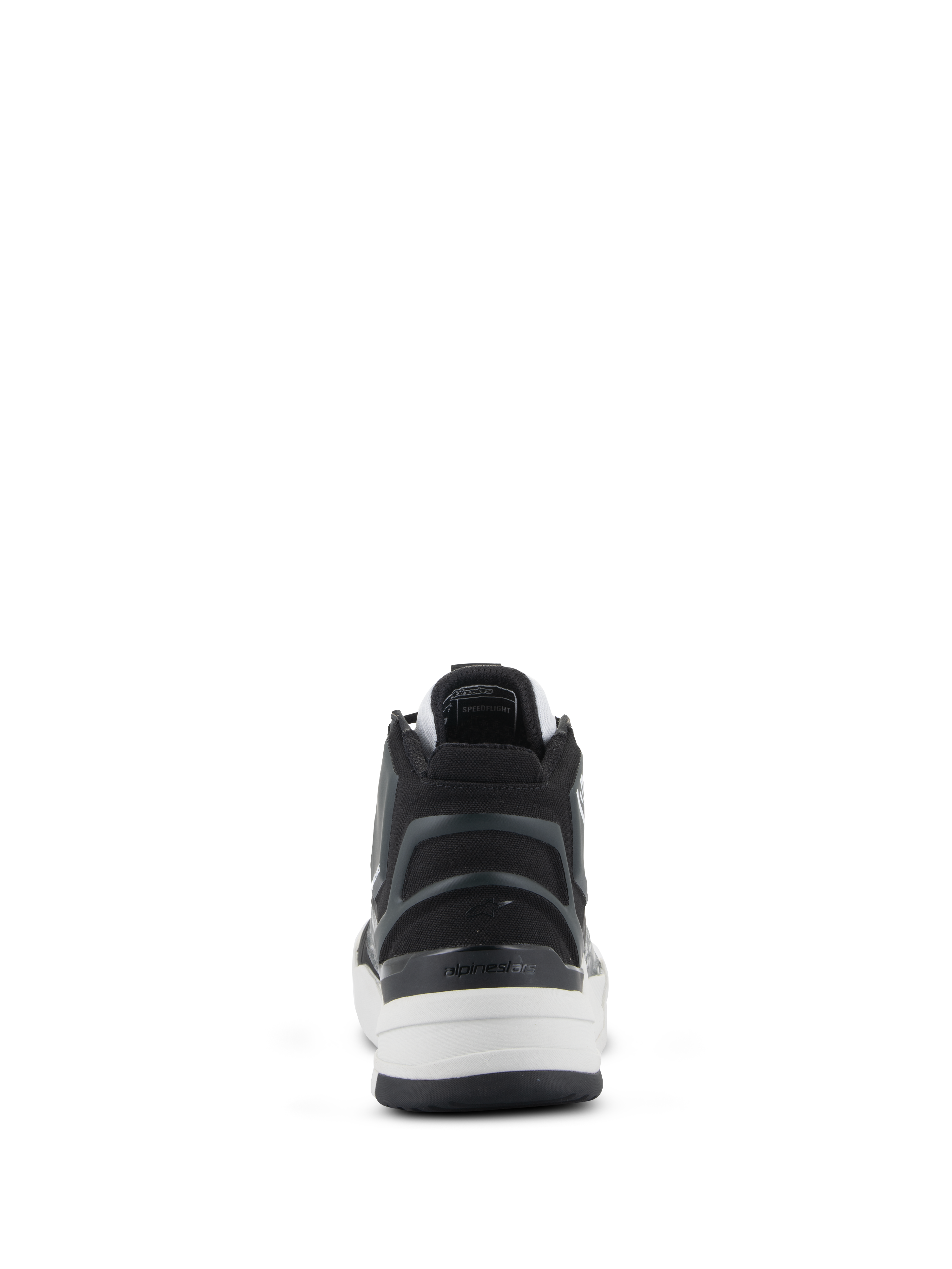 Alpinestars Speedflight Shoes, Performance Riding Shoes, Black Gray and White, rear view highlighting the asymmetric TPU heel counter with logo, white midsole, and urban sport-styled design