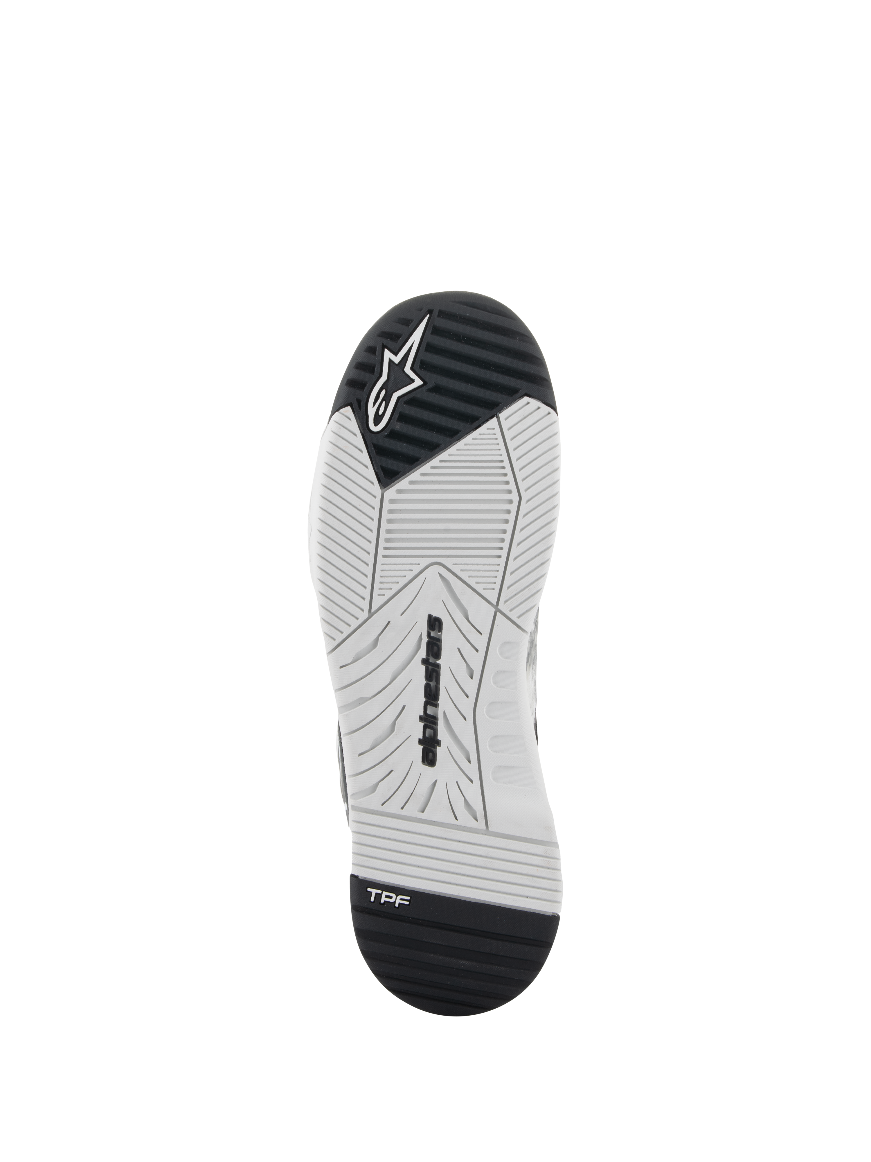 Alpinestars Speedflight Shoes, Motorcycle Riding Shoes, Black and White, bottom view of the sole featuring dual-density rubber, Alpinestars branding, and TPF Transversal Protection Frame logo, engineered tread pattern for grip