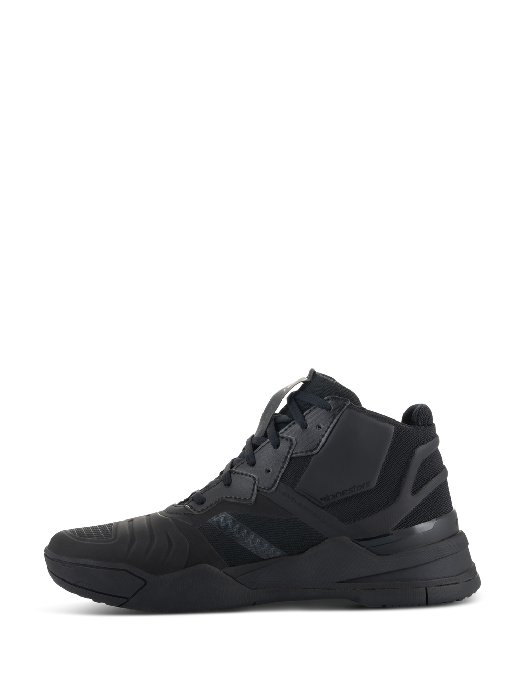 Sapatos Speedflight Alpinestars, Black Black, perfil lateral de sapatos de motociclismo de alta performance, design de cano médio inspirado em ténis com parte superior em ripstop e painéis de reforço sem costuras, silhueta desportiva durável totalmente preta
