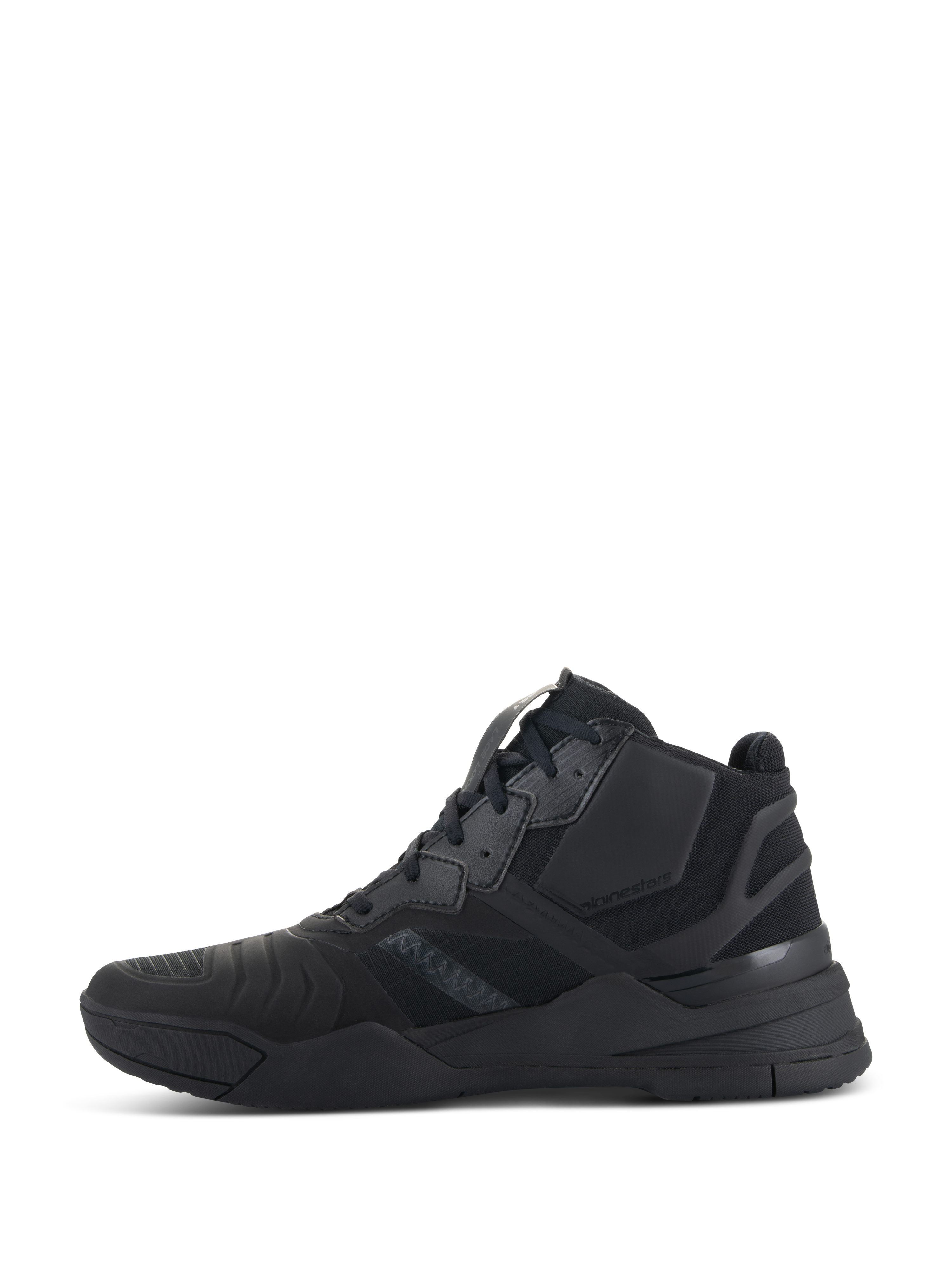 Sapatos Speedflight Alpinestars, Black Black, perfil lateral de sapatos de motociclismo de alta performance, design de cano médio inspirado em ténis com parte superior em ripstop e painéis de reforço sem costuras, silhueta desportiva durável totalmente preta