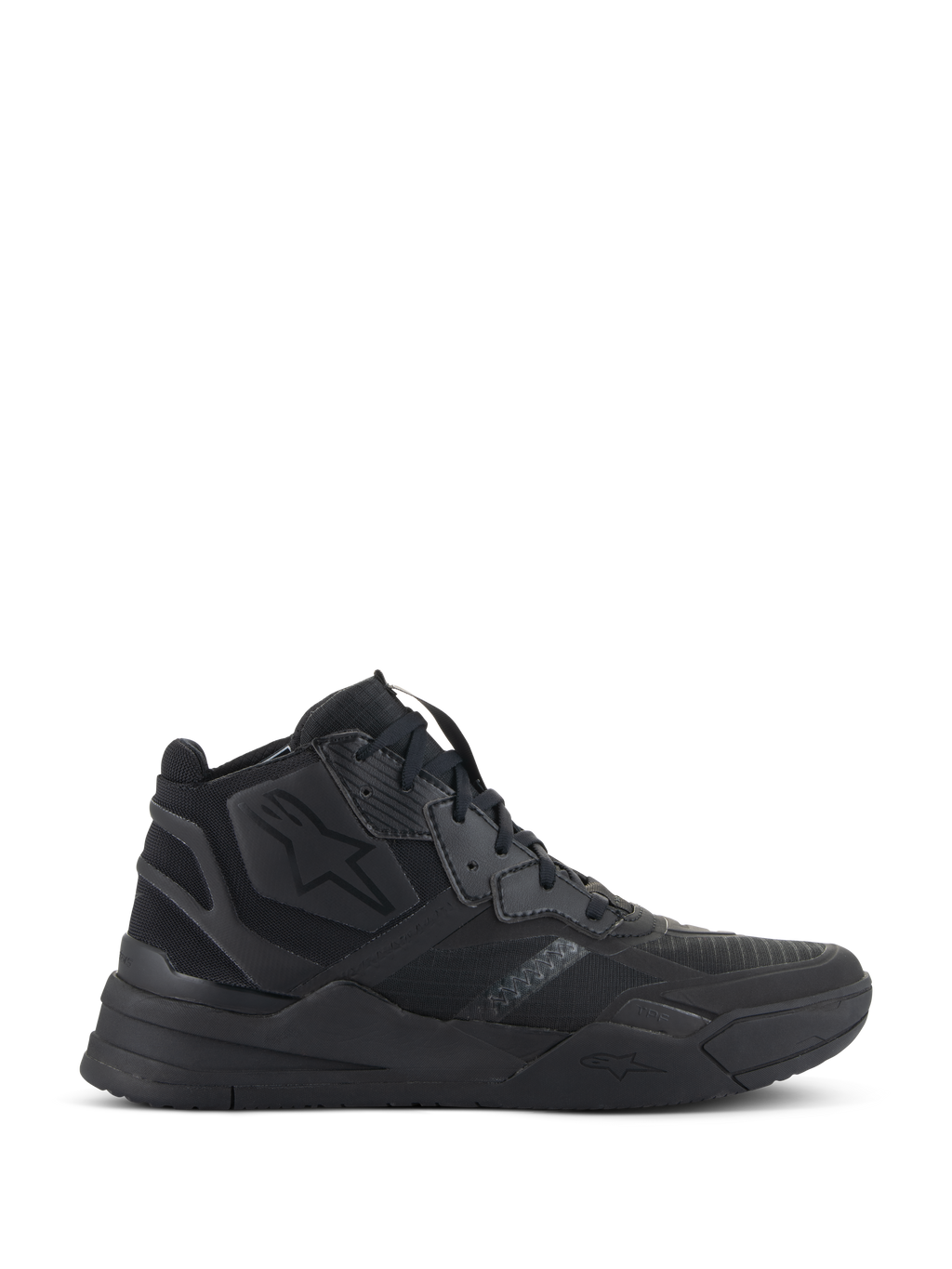 Sapatos Alpinestars Speedflight, sapatilhas de cano alto pretas, calçado urbano para motociclismo, parte superior em ripstop com reforço sem costuras, logótipo de estrela da Alpinestars, sola grossa de dupla densidade, estilo streetwear moderno