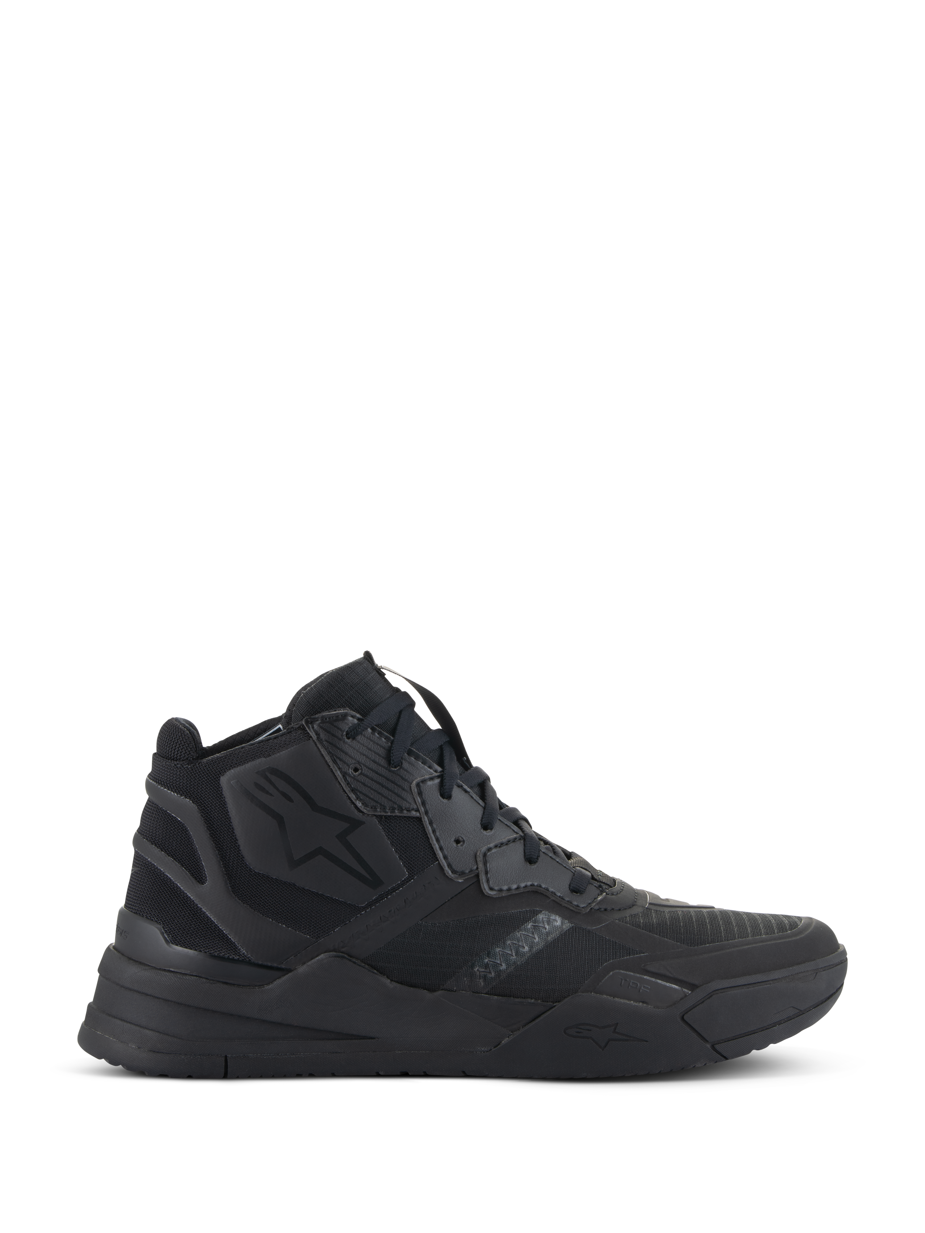 Sapatos Alpinestars Speedflight, sapatilhas de cano alto pretas, calçado urbano para motociclismo, parte superior em ripstop com reforço sem costuras, logótipo de estrela da Alpinestars, sola grossa de dupla densidade, estilo streetwear moderno