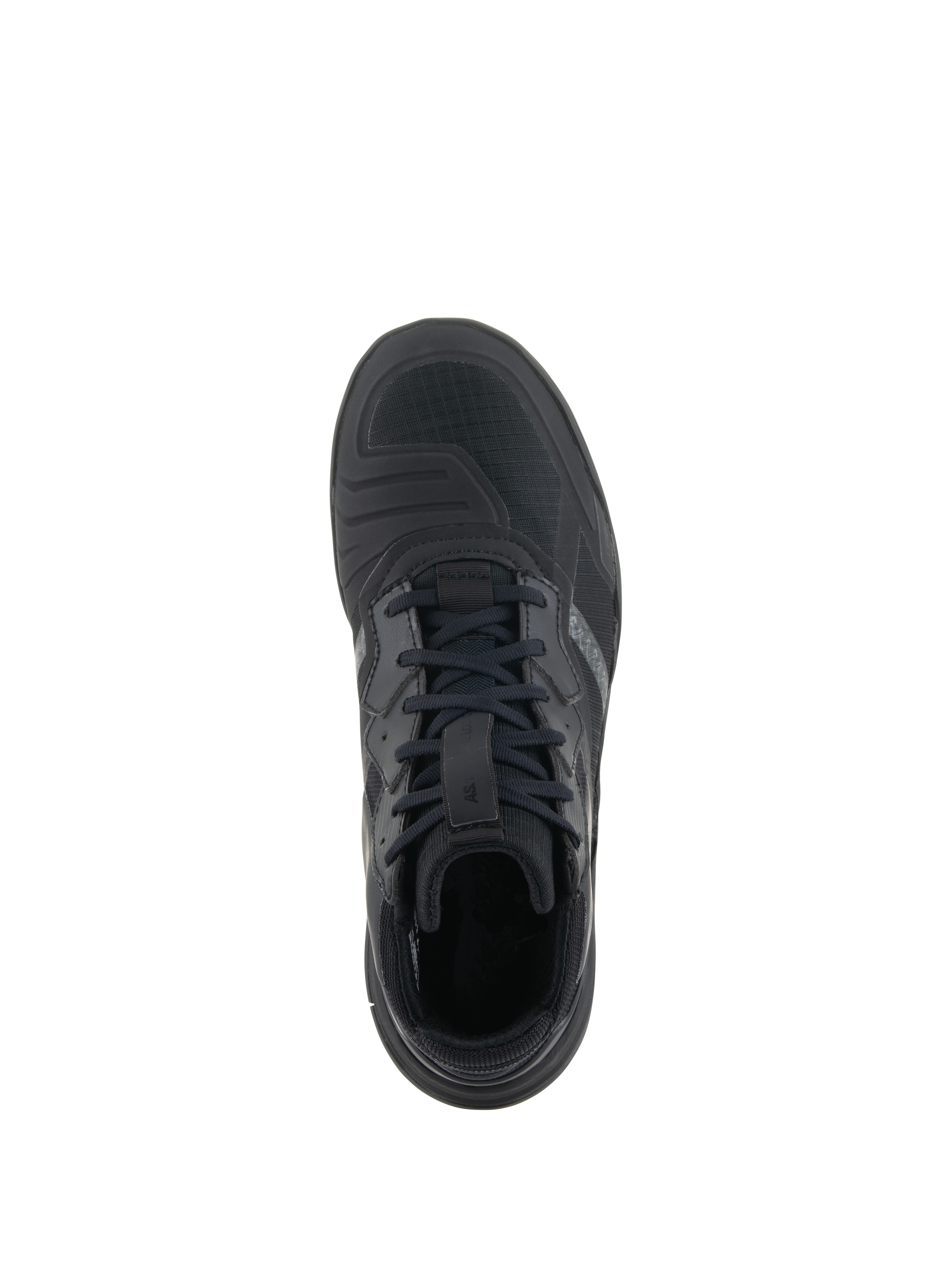 Sapatos Alpinestars Speedflight, totalmente pretos, vista superior, com parte superior em ripstop de alto desempenho, protetor de mudanças integrado, atacadores pretos e design urbano elegante para motociclismo