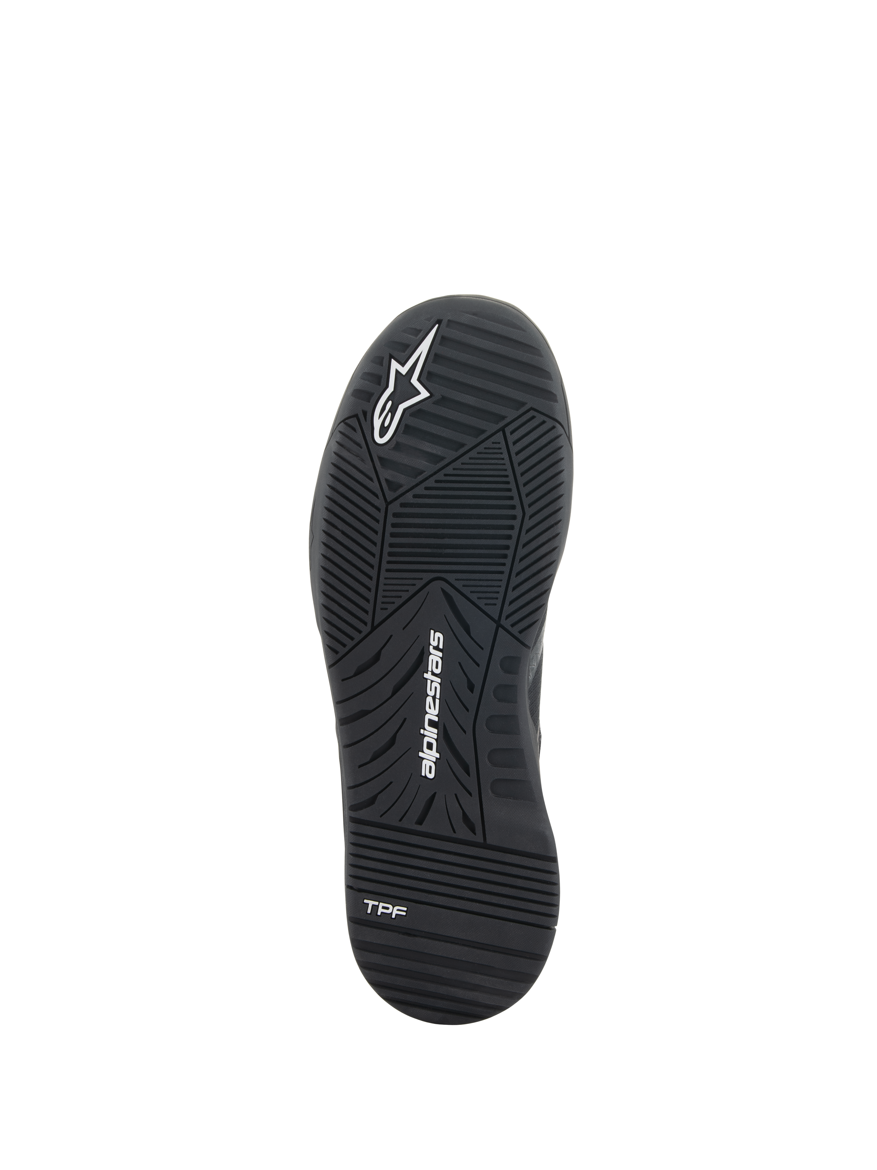 Sapatos Alpinestars Speedflight, sapatos de motociclismo, pretos, vista inferior da sola de borracha de dupla densidade, com logótipo Alpinestars e marca TPF, padrão de rasto concebido para desempenho urbano