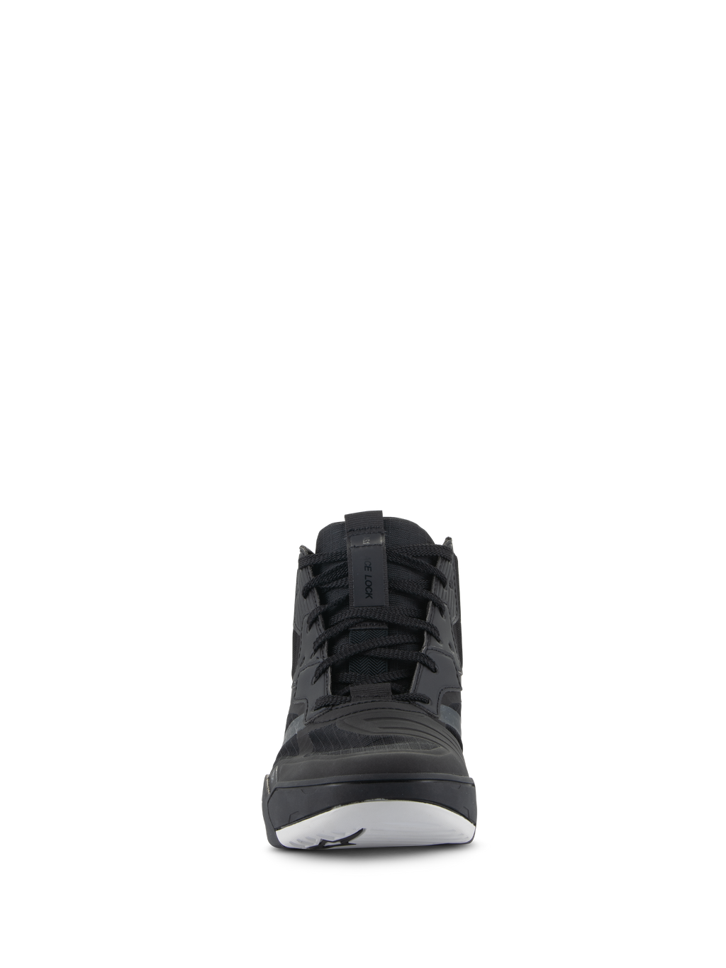 Sapatos Alpinestars Speedflight, sapatos de performance para condução, pretos e brancos, vista frontal, calçado de motociclismo estilo ténis com parte superior em ripstop e atacadores pretos