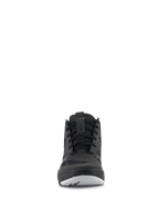 Sapatos Alpinestars Speedflight, sapatos de performance para condução, pretos e brancos, vista frontal, calçado de motociclismo estilo ténis com parte superior em ripstop e atacadores pretos