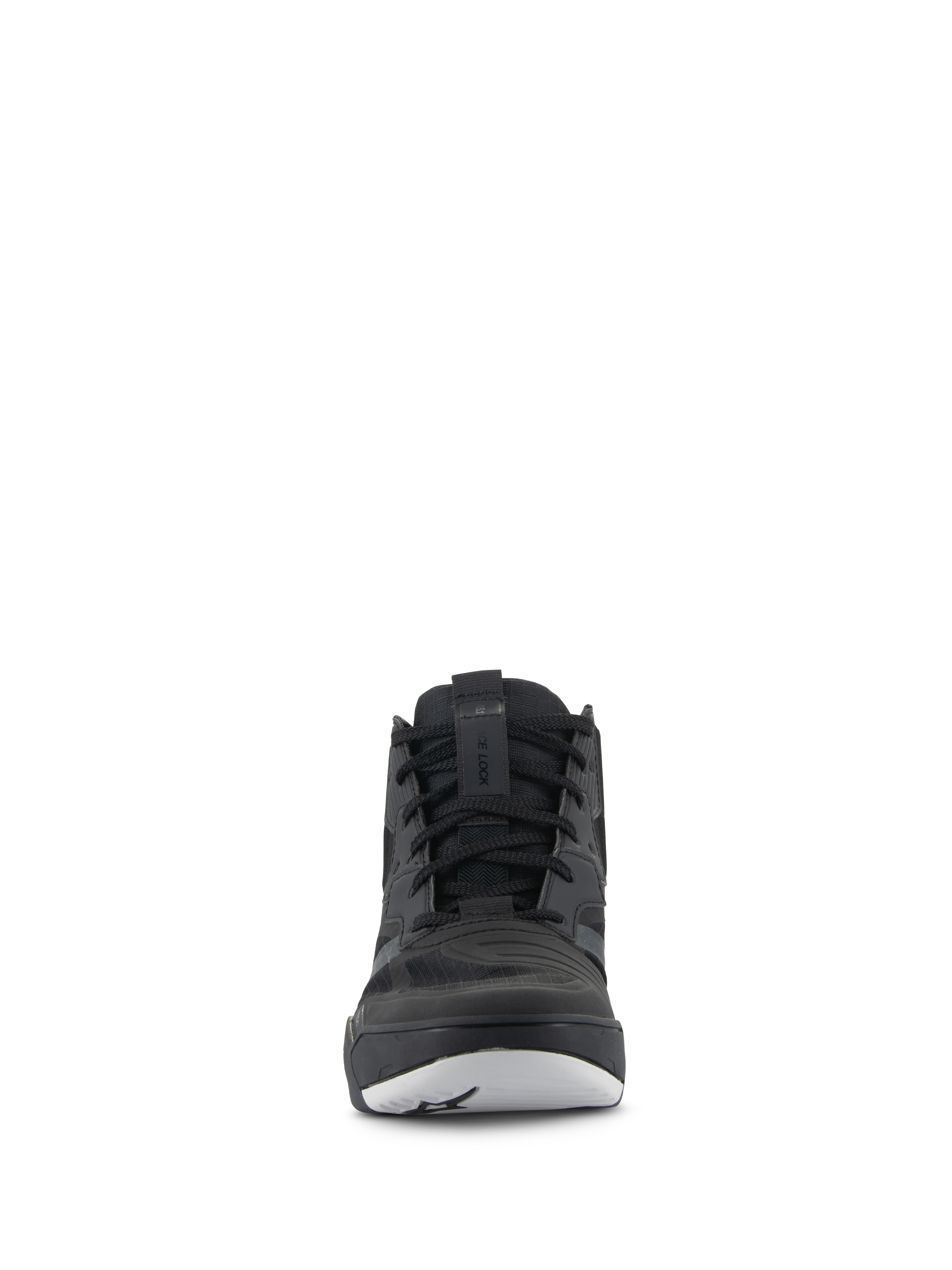 Sapatos Alpinestars Speedflight, sapatos de performance para condução, pretos e brancos, vista frontal, calçado de motociclismo estilo ténis com parte superior em ripstop e atacadores pretos