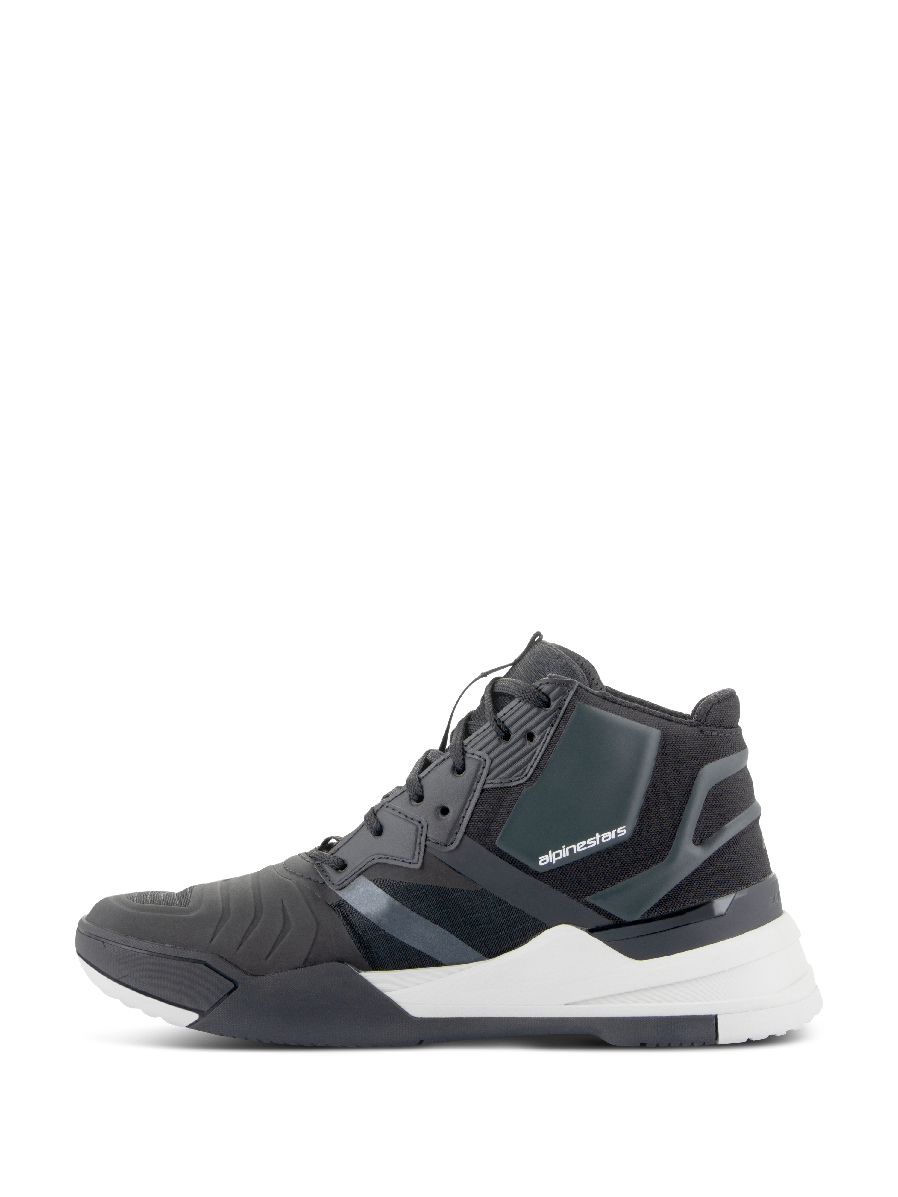 Sapatos Alpinestars Speedflight, sapatos de performance para pilotagem, pretos e brancos, vista de perfil lateral com cabedal em ripstop e painéis de reforço sem costuras, marca Alpinestars na lateral e entressola branca espessa, calçado técnico urbano para motociclismo