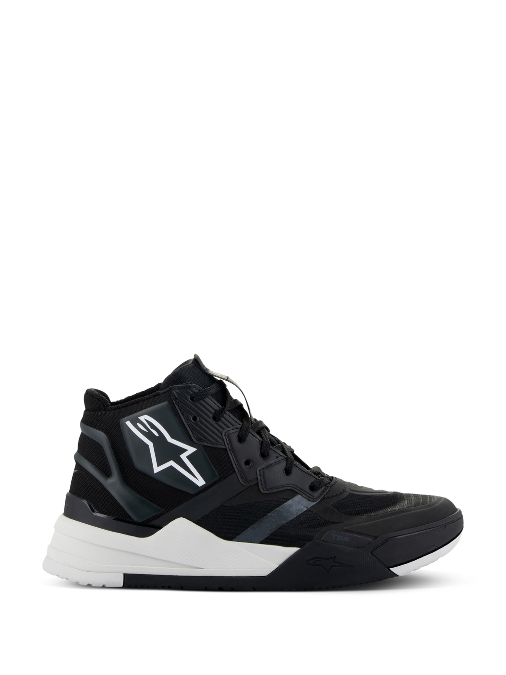 Sapatos Alpinestars Speedflight, sapatos de motociclismo de cano alto, em preto e branco, com parte superior em ripstop e reforços sem costuras, logótipo de estrela branca na lateral, sola de dupla densidade com entressola branca espessa e detalhes em preto, design moderno inspirado em ténis para motociclismo urbano