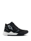 Sapatos Alpinestars Speedflight, sapatos de motociclismo de cano alto, em preto e branco, com parte superior em ripstop e reforços sem costuras, logótipo de estrela branca na lateral, sola de dupla densidade com entressola branca espessa e detalhes em preto, design moderno inspirado em ténis para motociclismo urbano