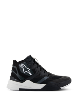Alpinestars Speedflight Shoes, high-top motorcycle riding shoes, Black and White, featuring a ripstop upper with seamless reinforcements, white star logo on the side, dual-density sole with thick white midsole and black accents, modern sneaker-inspired design for urban motorcycling