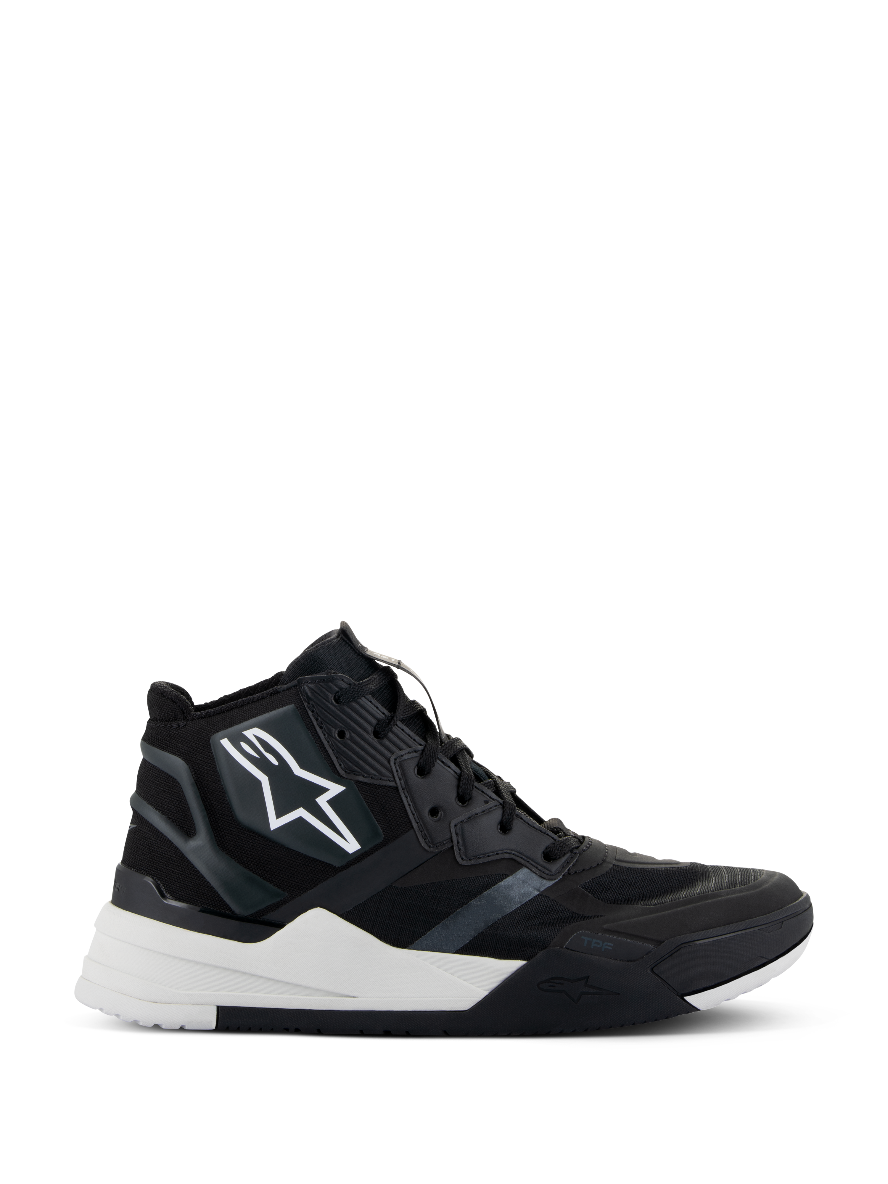 Sapatos Alpinestars Speedflight, sapatos de motociclismo de cano alto, em preto e branco, com parte superior em ripstop e reforços sem costuras, logótipo de estrela branca na lateral, sola de dupla densidade com entressola branca espessa e detalhes em preto, design moderno inspirado em ténis para motociclismo urbano