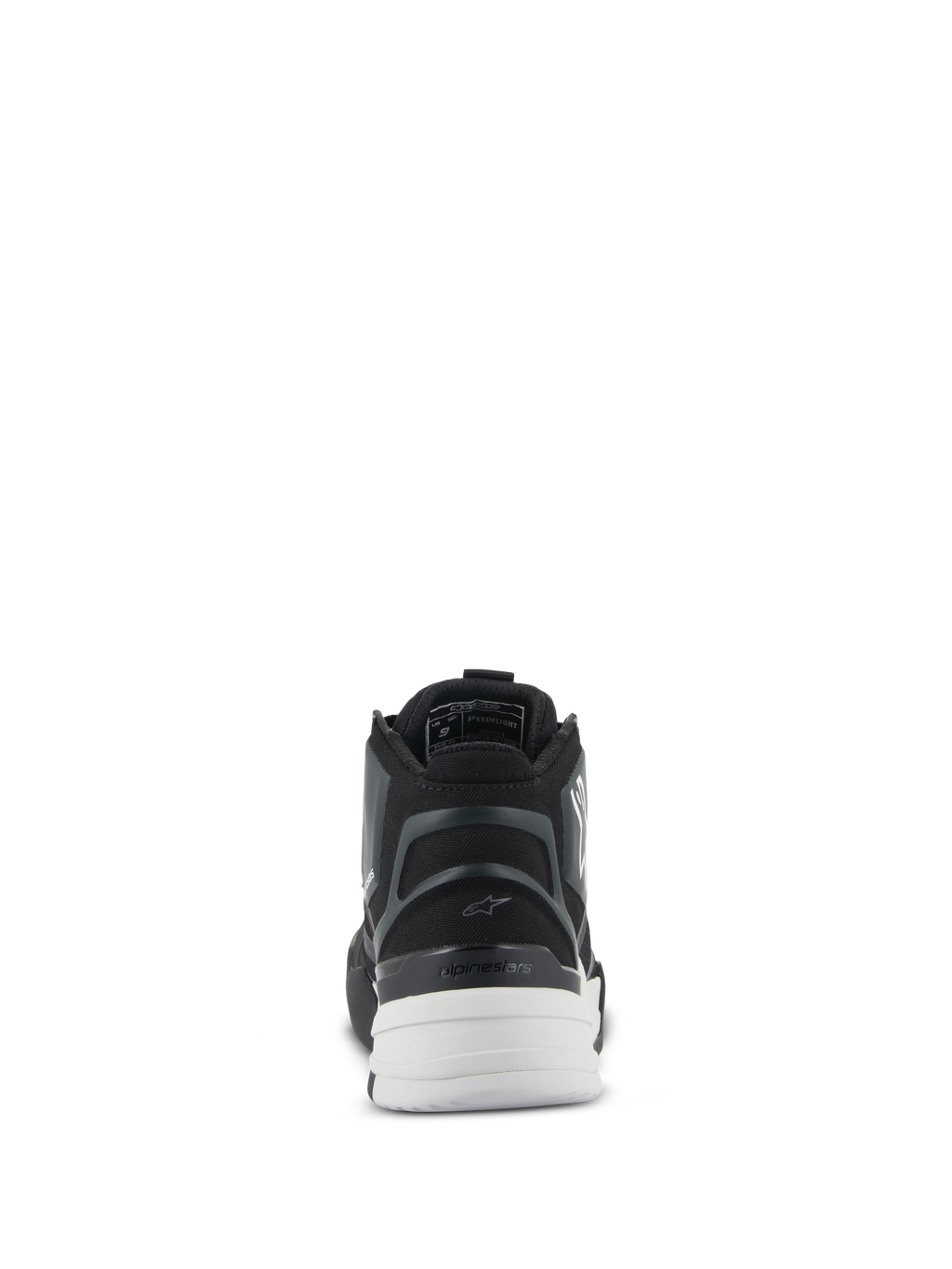 Sapatos Alpinestars Speedflight, Pretos e Brancos, vista traseira com peça de calcanhar moldada semirrígida, contraforte de calcanhar assimétrico em TPU e sola branca de dupla densidade, calçado de performance para condução urbana