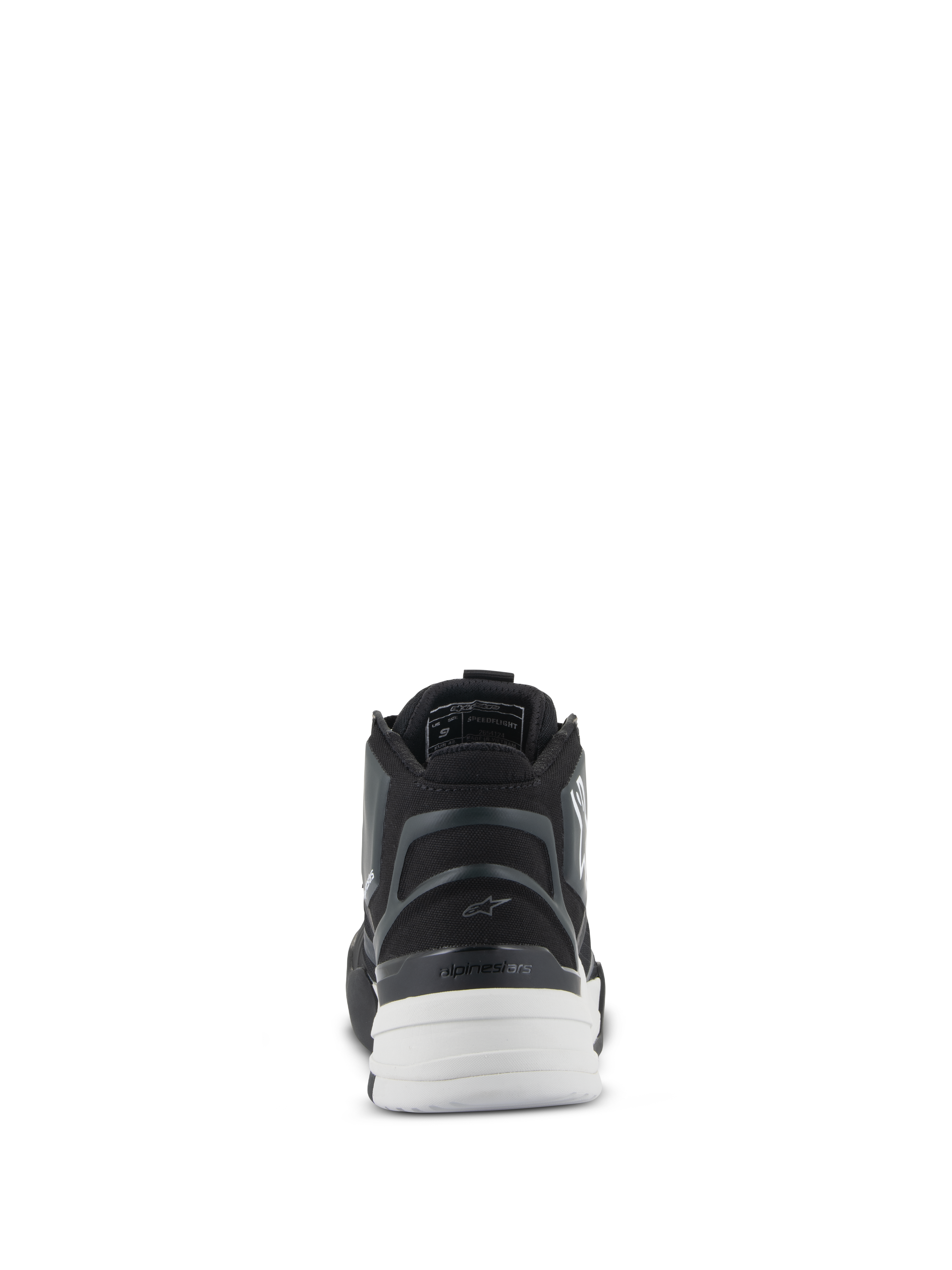 Sapatos Alpinestars Speedflight, Pretos e Brancos, vista traseira com peça de calcanhar moldada semirrígida, contraforte de calcanhar assimétrico em TPU e sola branca de dupla densidade, calçado de performance para condução urbana
