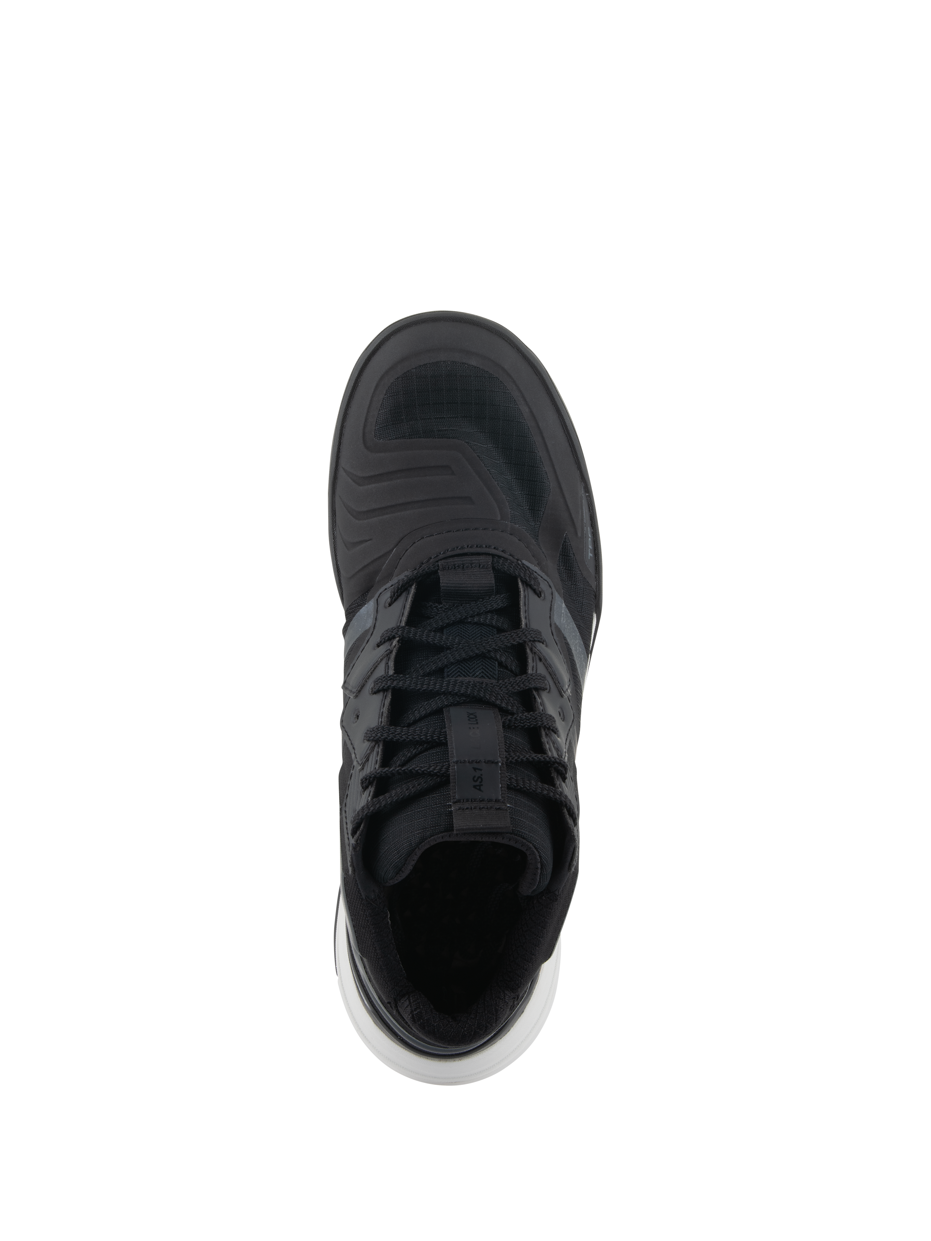 Sapatos Alpinestars Speedflight, sapatos de condução de alta performance, pretos e brancos, vista superior que mostra a parte superior em ripstop, atacadores com tira de fixação e detalhes brancos na sola, ténis de motociclismo de estilo urbano