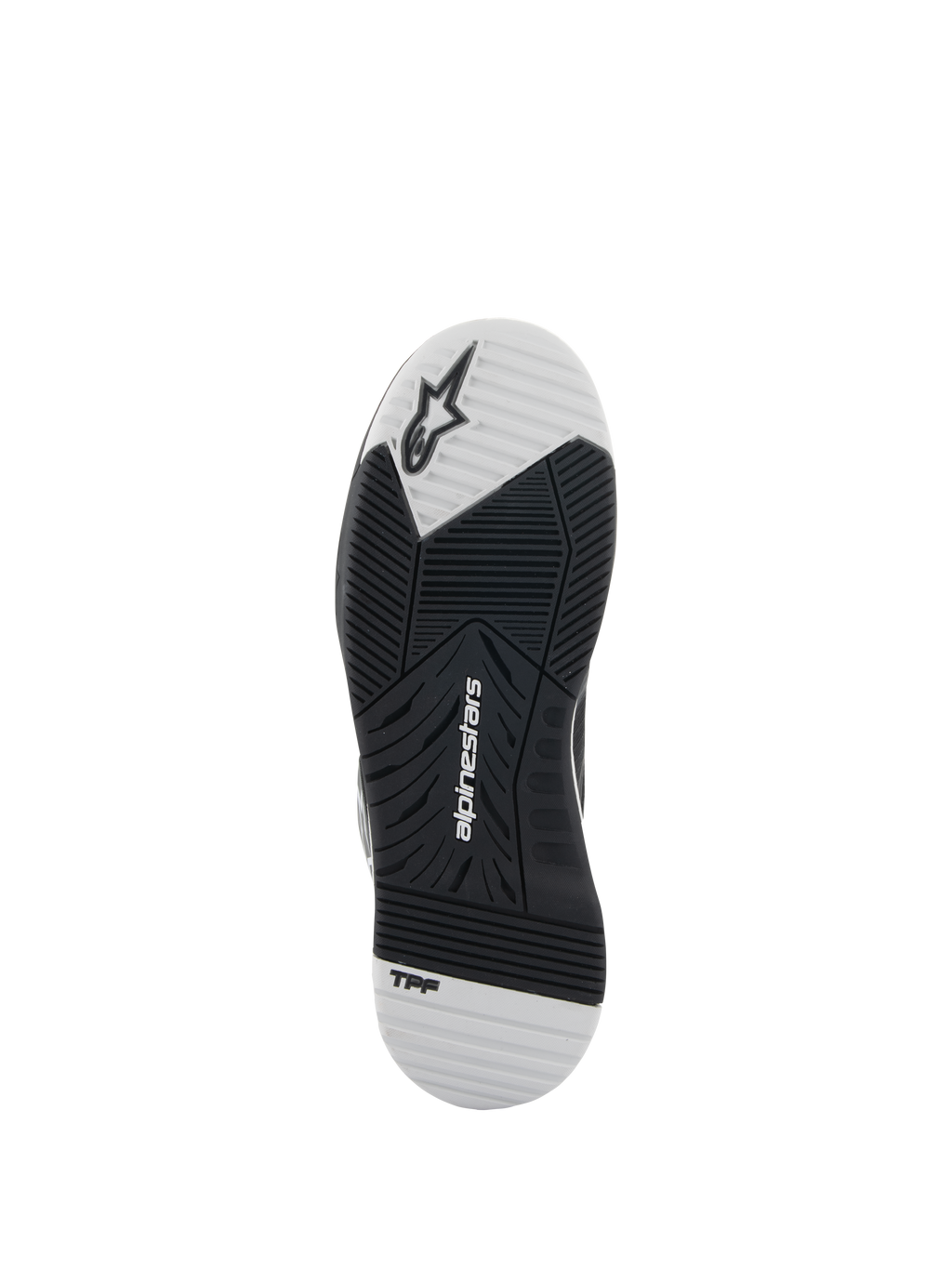 Sapatos Speedflight Alpinestars, pretos e brancos, vista da sola exterior mostrando a sola de borracha de dupla densidade, inclui o logótipo Alpinestars e a marca TPF, padrão de rasto assimétrico para aderência e estabilidade na condução de motociclos