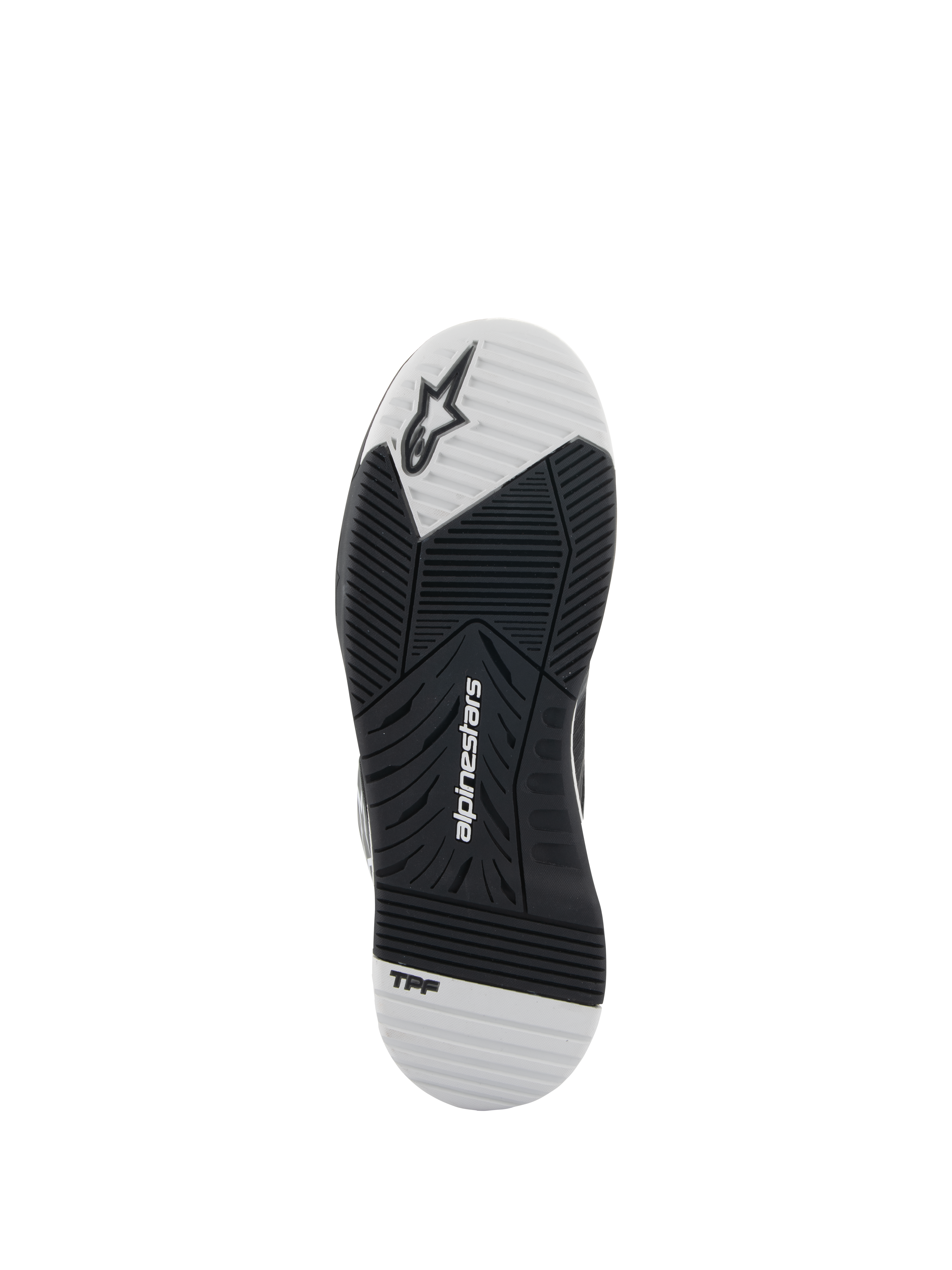 Sapatos Speedflight Alpinestars, pretos e brancos, vista da sola exterior mostrando a sola de borracha de dupla densidade, inclui o logótipo Alpinestars e a marca TPF, padrão de rasto assimétrico para aderência e estabilidade na condução de motociclos