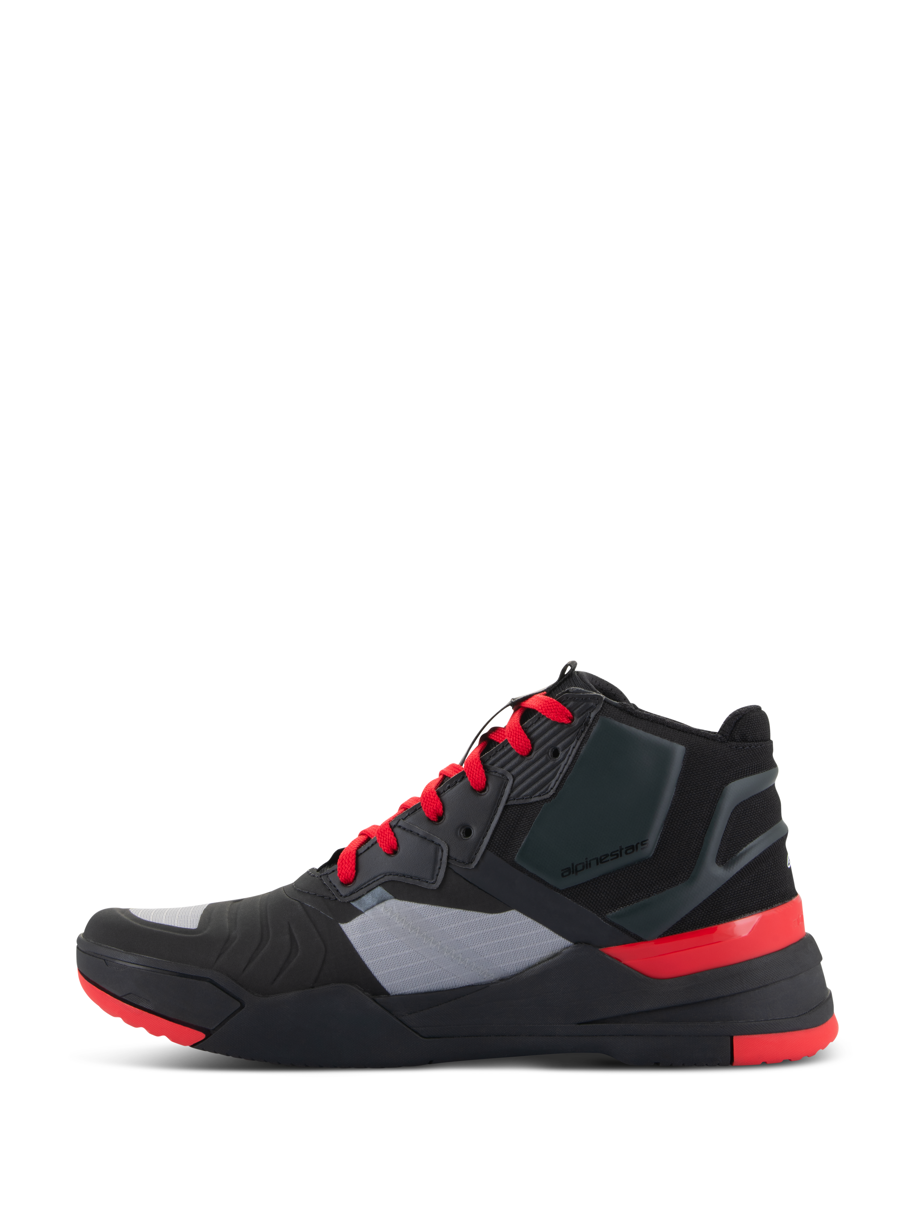 Alpinestars Speedflight Shoes, Performance Riding Shoe, Black with Bright Red and Grey accents, side profile view, featuring ripstop textile upper, bright red laces, and protective heel counter, sporty sneaker-styled motorcycle footwear for urban commuting