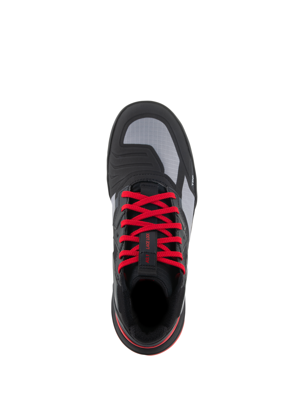Alpinestars Speedflight Shoes, Performance Riding Shoes, Black Bright Red White, top-down view featuring vibrant red laces, grey ripstop upper panels, and integrated shift pad, urban motorcycle footwear.