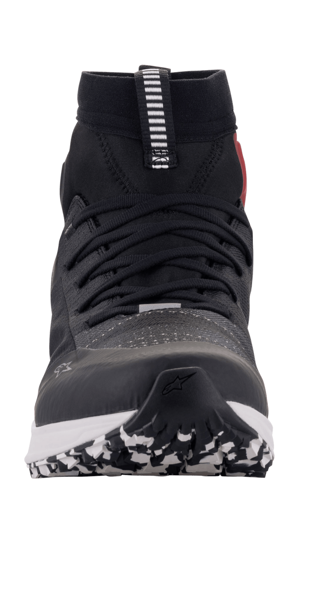 Alpinestars Speedforce Shoes, Motorcycle Riding Shoes, Black White and Red, front-facing view showing running shoe silhouette, MATRYX upper, high-cut design, and patterned outsole