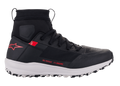 Alpinestars Speedforce Shoes, Motorcycle Riding Shoes, Black White and Red, side profile view, high-cut running shoe silhouette with MATRYX® textile upper, white midsole, red star logo on the heel and red numerical coordinates on the side, urban protective footwear