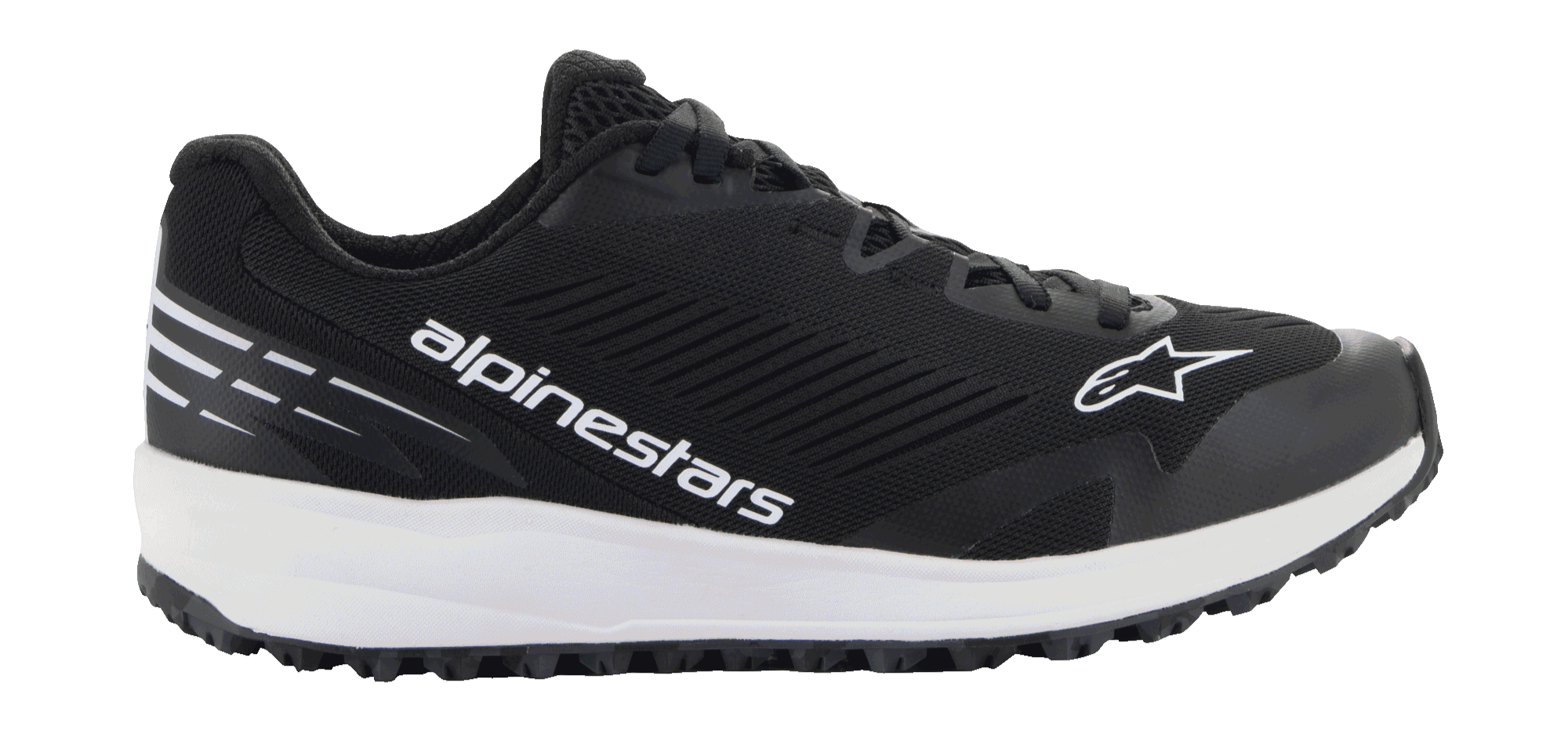 Alpinestars Meta Road V2 Shoes, Sportswear Shoes, Black and White, side view featuring a black mesh upper with white Alpinestars branding and star logo, white cushioned midsole, and black textured sole.