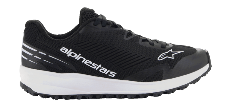 Alpinestars Meta Road V2 Shoes, Sportswear Shoes, Black and White, side view featuring a black mesh upper with white Alpinestars branding and star logo, white cushioned midsole, and black textured sole.