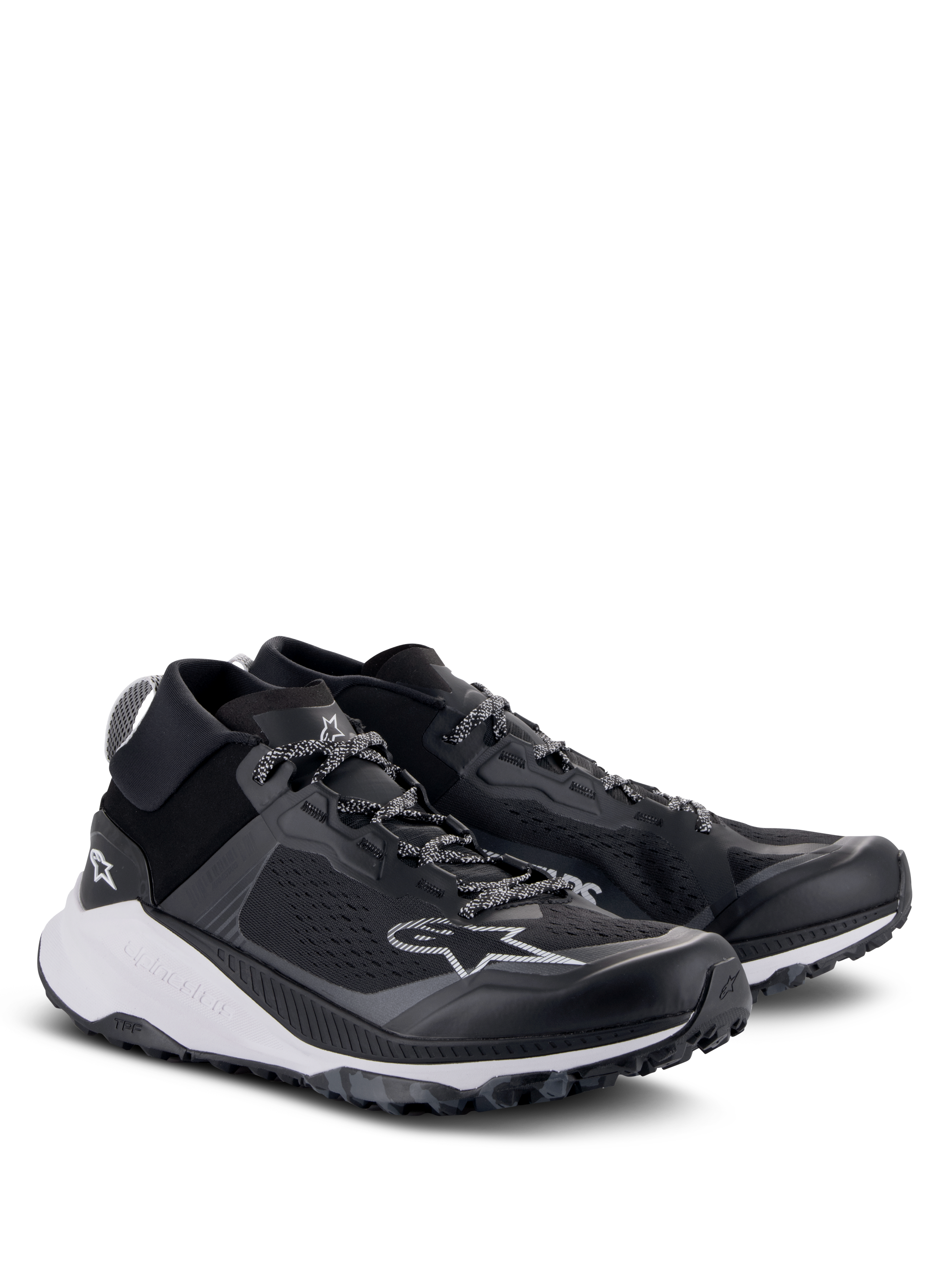 Alpinestars Meta XR V2 Shoes, Sportswear Shoes, Black White and Dark Gray, featuring a single-piece mesh upper, thick white cushioned midsole, and rugged outsole, casual athletic design with Alpinestars logo and patterned laces