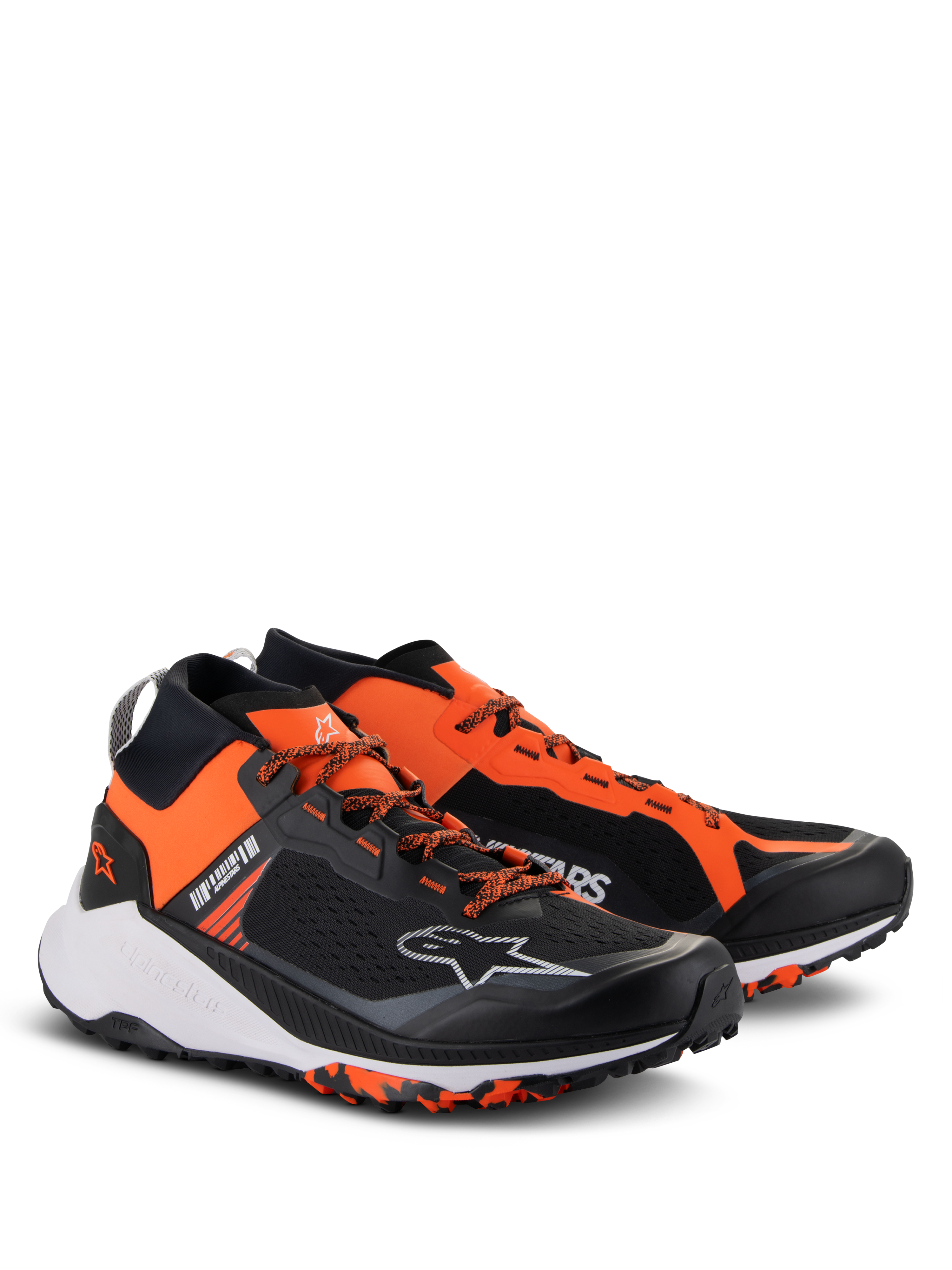 Alpinestars Meta XR V2 Shoes, Sport Casual Shoes, Black Orange and White, featuring a single-piece mesh upper, vibrant orange panels, orange laces, white Astar logo, and a rugged rubber sole designed for traction.