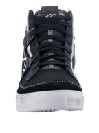 Alpinestars Ageless Riding Shoes, Black White Cool Gray, front view of casual motorcycle shoe, black suede and canvas upper with white contrast stitching, durable white sole, urban riding footwear