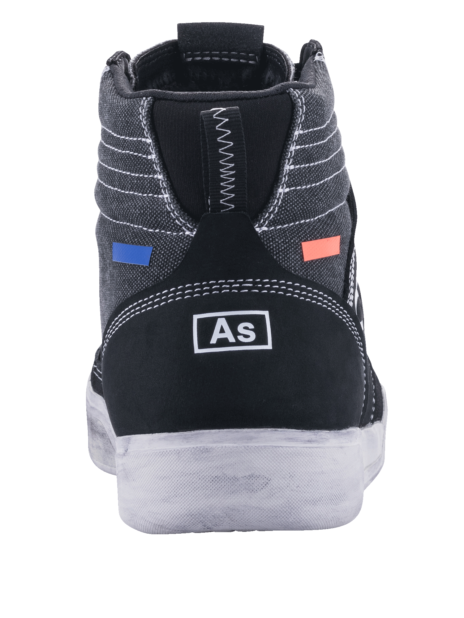 Alpinestars Ageless Riding Shoes, Motorcycle Riding Shoes, Black and Cool Gray, rear view featuring dark grey canvas with white stitching, black suede heel with white branding, blue and orange accents, casual urban design with a white sole