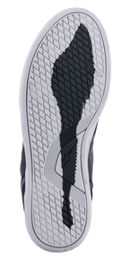 Alpinestars Ageless Riding Shoes, Bottom Sole View, White Rubber Outsole with a Black Textured Grip Pattern, featuring TPF and Alpinestars star logos, diamond-shaped tread for motorcycle urban riding