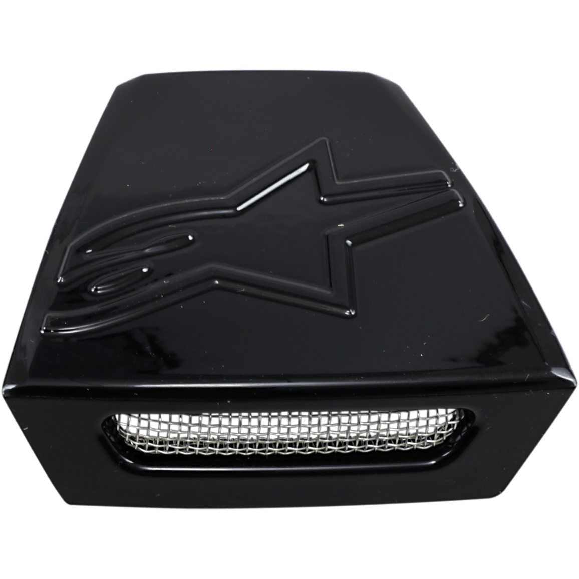 Alpinestars Supertech M10/M8 Helmet Rear Vent Frame, acessório para capacete, preto brilhante, logótipo de estrela em relevo na superfície superior, grelha em malha metálica prateada, componente de ventilação trapezoidal para capacetes de todo-o-terreno