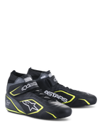 Alpinestars Tech-1 T V3 Shoes FIA, sapatos de automobilismo, pretos, cinzento e amarelo néon, construção integral em couro com tira de velcro, detalhes em amarelo néon, logótipos brancos proeminentes Alpinestars e ASTARS, design profissional de desporto motorizado