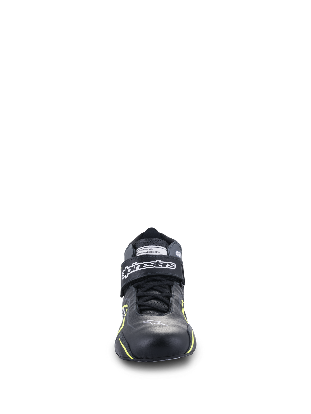 Alpinestars Tech-1 T V3 Shoes FIA, sapatos de automobilismo, pretos com pormenores em amarelo fluo, vista frontal, construção integral em couro com tira de velcro no tornozelo, logótipo Alpinestars branco, design técnico para condução de alta performance