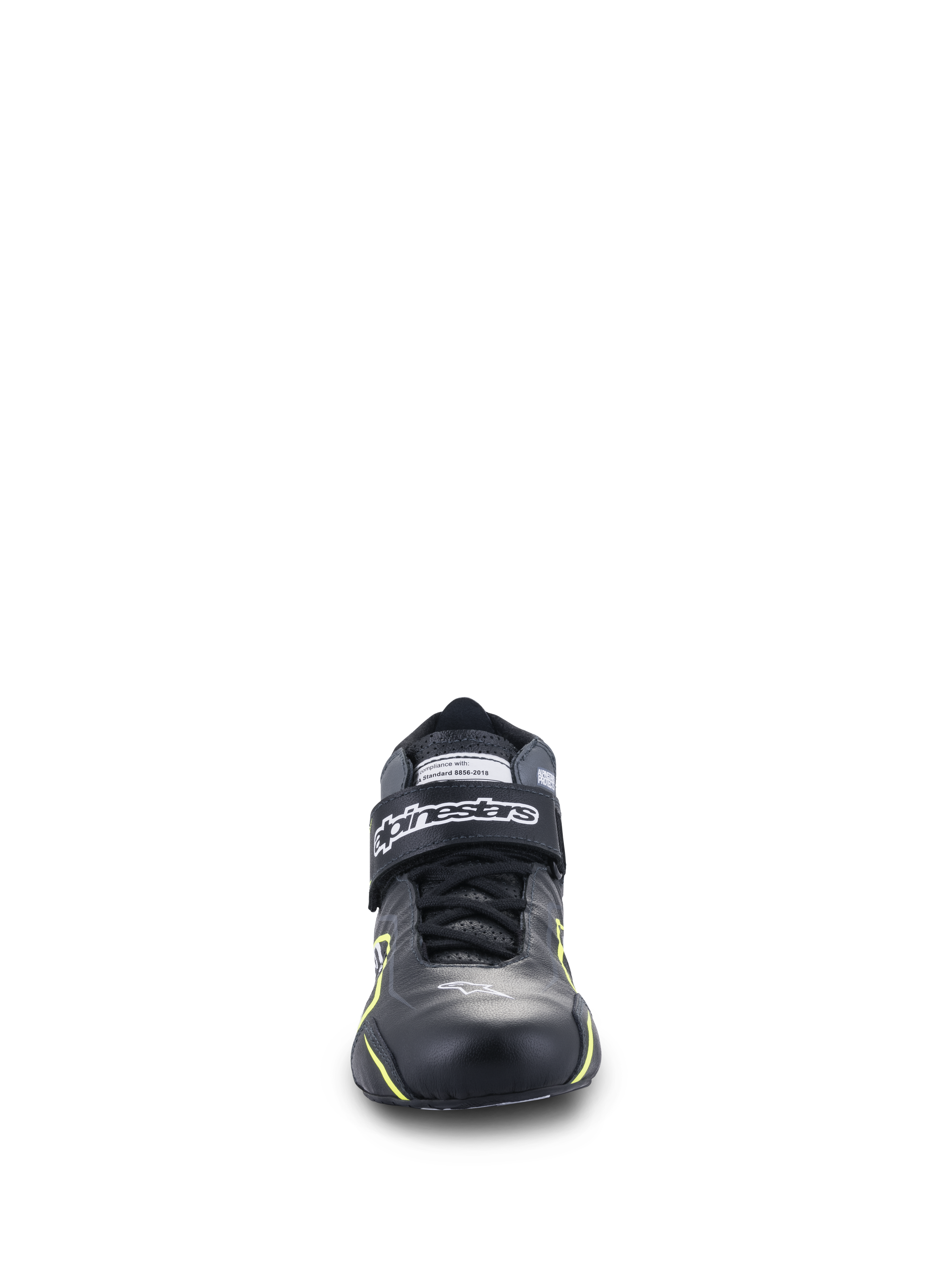Alpinestars Tech-1 T V3 Shoes FIA, sapatos de automobilismo, pretos com pormenores em amarelo fluo, vista frontal, construção integral em couro com tira de velcro no tornozelo, logótipo Alpinestars branco, design técnico para condução de alta performance