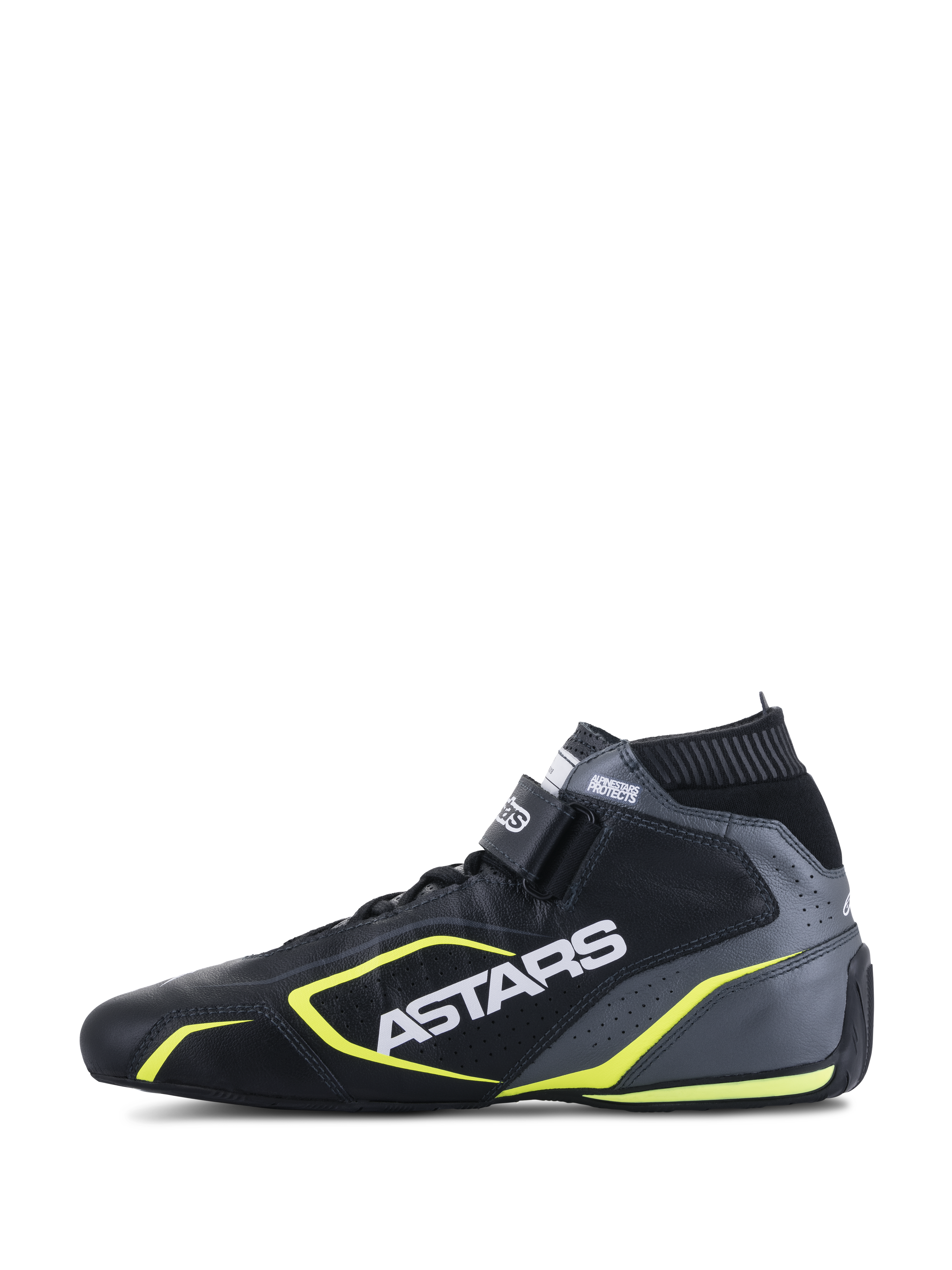Sapatos Alpinestars Tech-1 T V3 FIA, sapatos de automobilismo, preto, cinzento cool e amarelo fluo, vista de perfil lateral mostrando a construção em couro, logótipo ASTARS branco, colarinho elástico ignífugo e detalhes em amarelo vibrante.