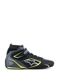 Alpinestars Tech-1 T V3 FIA Racing Shoes, sapatos de corrida, pretos e cinzentos com detalhes amarelo néon, calçado de automobilismo de cano alto, construção em pele bovina perfurada, tira de velcro no tornozelo e atacadores, logótipo branco e marca 1T, homologação FIA 8856-2018 para automobilismo