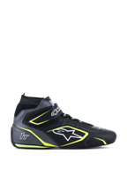 Alpinestars Tech-1 T V3 FIA Racing Shoes, sapatos de corrida, pretos e cinzentos com detalhes amarelo néon, calçado de automobilismo de cano alto, construção em pele bovina perfurada, tira de velcro no tornozelo e atacadores, logótipo branco e marca 1T, homologação FIA 8856-2018 para automobilismo