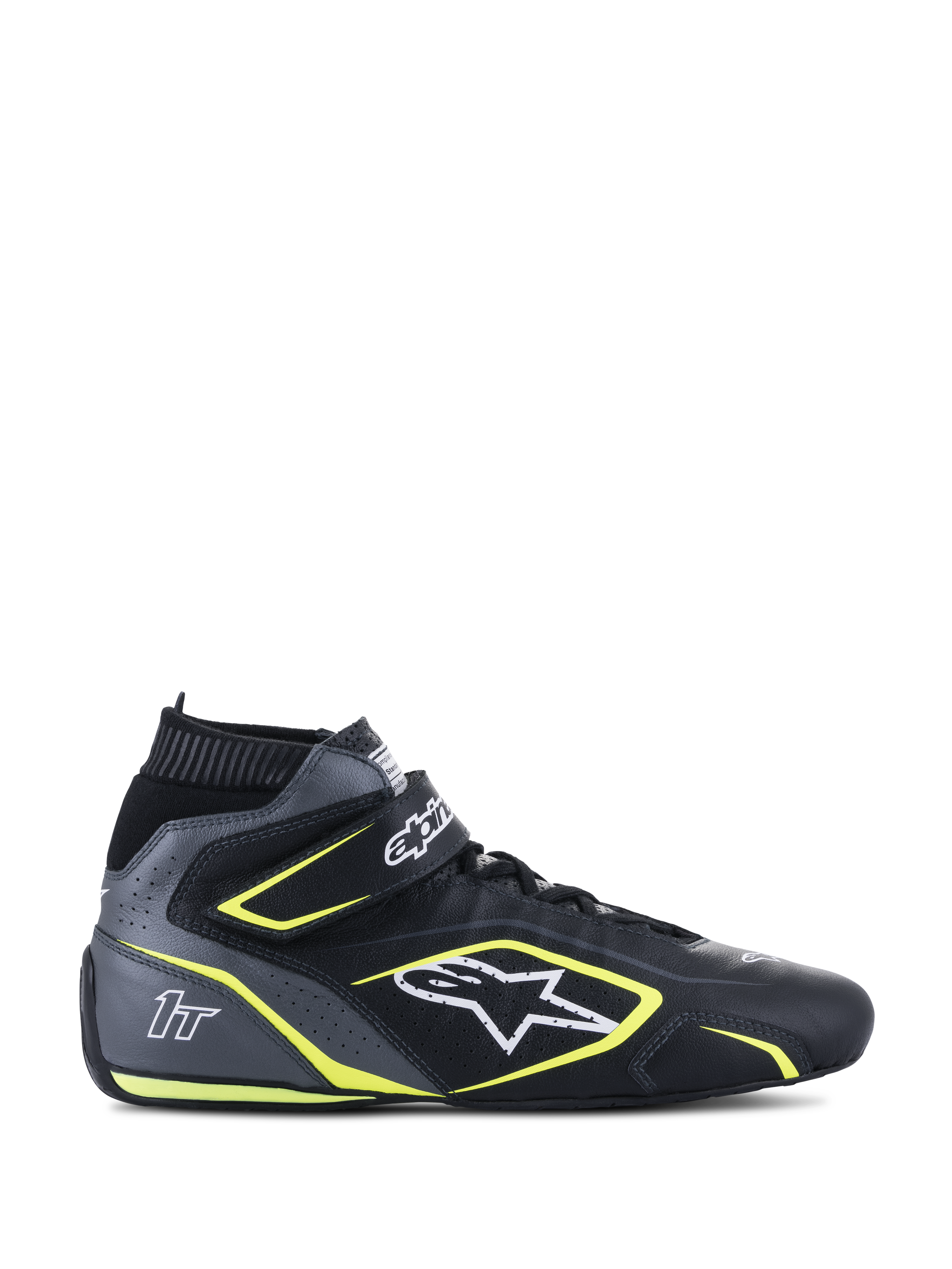 Alpinestars Tech-1 T V3 FIA Racing Shoes, sapatos de corrida, pretos e cinzentos com detalhes amarelo néon, calçado de automobilismo de cano alto, construção em pele bovina perfurada, tira de velcro no tornozelo e atacadores, logótipo branco e marca 1T, homologação FIA 8856-2018 para automobilismo