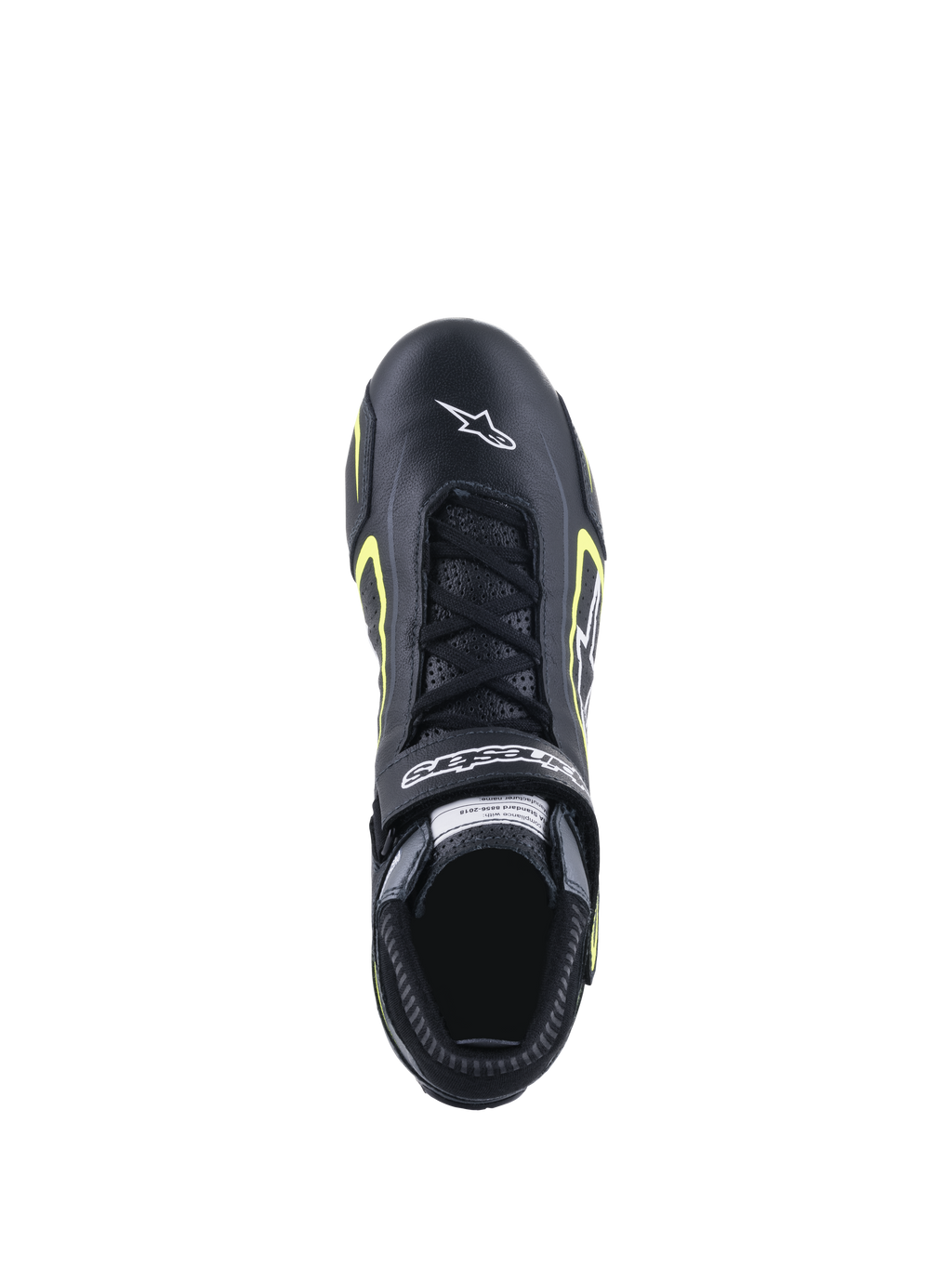 Sapatos Alpinestars Tech-1 T V3 FIA, sapatos de automobilismo, preto e amarelo fluo, vista superior mostrando a construção em pele, fecho com atacadores e logótipo Alpinestars a branco na biqueira.
