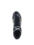 Sapatos Alpinestars Tech-1 T V3 FIA, sapatos de automobilismo, preto e amarelo fluo, vista superior mostrando a construção em pele, fecho com atacadores e logótipo Alpinestars a branco na biqueira.