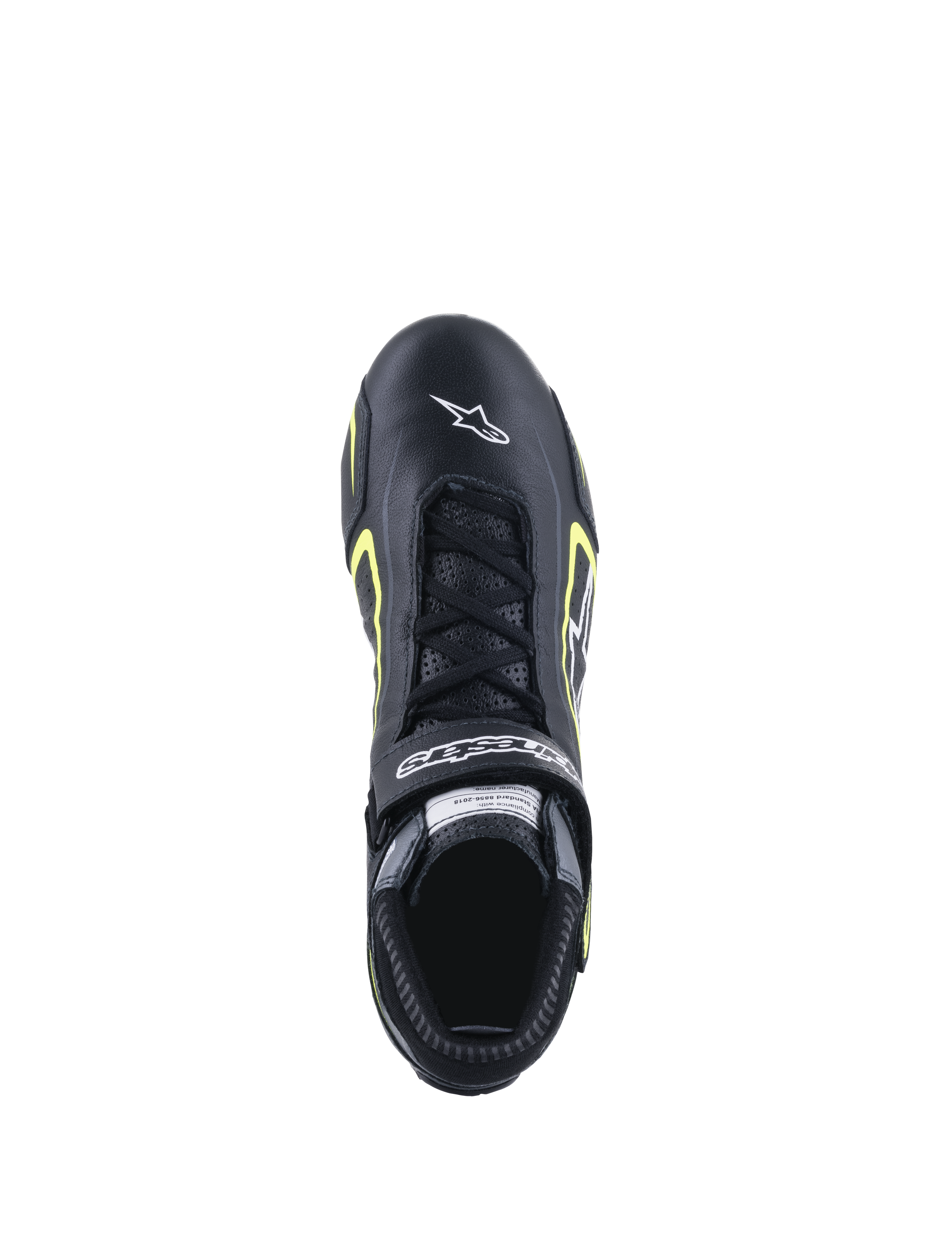 Sapatos Alpinestars Tech-1 T V3 FIA, sapatos de automobilismo, preto e amarelo fluo, vista superior mostrando a construção em pele, fecho com atacadores e logótipo Alpinestars a branco na biqueira.