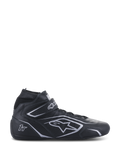 Alpinestars Tech-1 T V3 Shoes FIA, sapatos de corrida pretos e prateados, calçado de automobilismo de cano alto em couro com tira de velcro no tornozelo, painéis laterais perfurados e logótipos prateados, homologação FIA para competição profissional