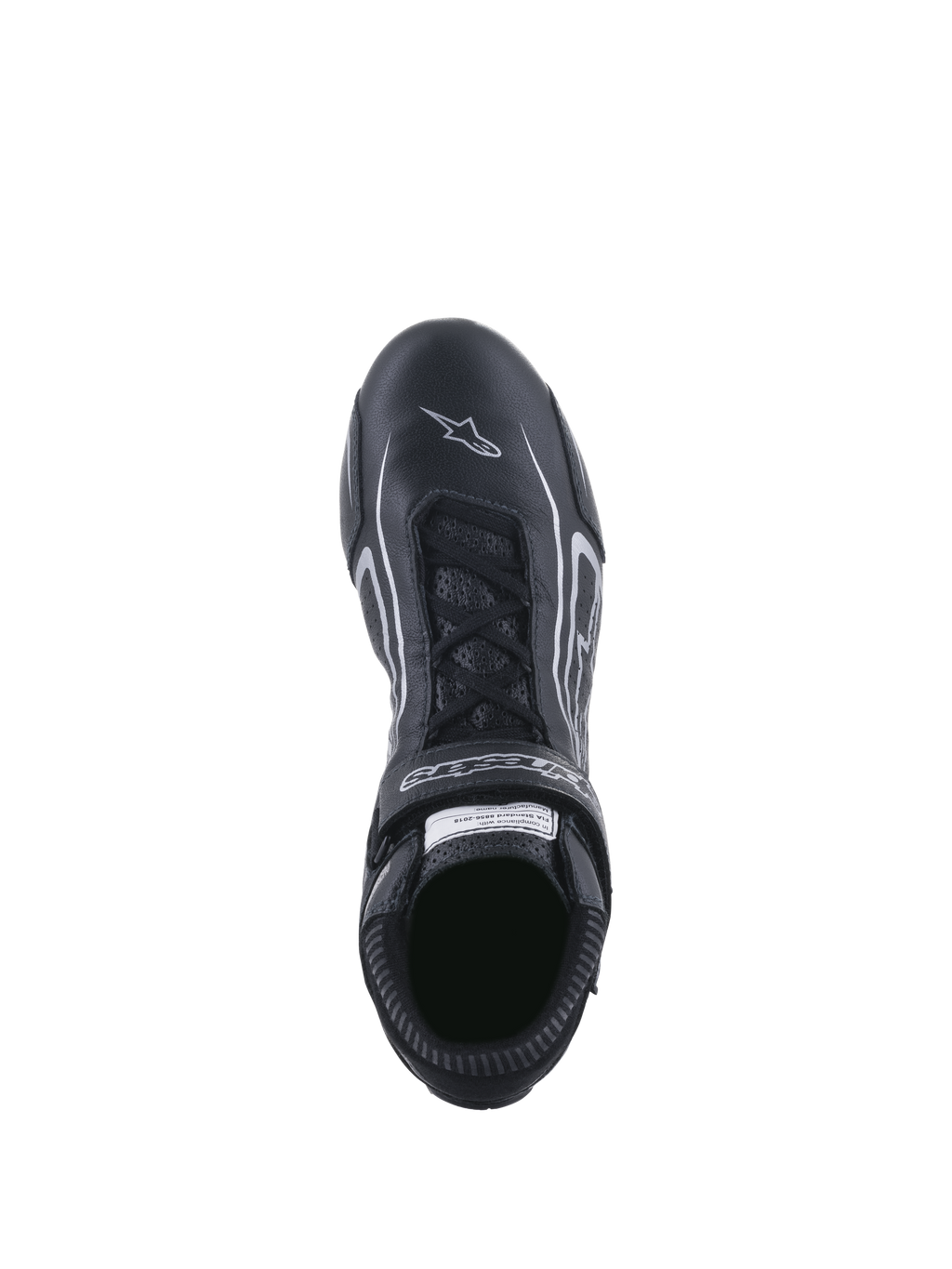 Sapatos Alpinestars Tech-1 T V3 FIA, sapatos de automobilismo, pretos e prateados, vista superior mostrando o sistema de atacadores e tira de gancho e laço com marca, couro bovino integral com logótipo de estrela branco na biqueira, calçado profissional de desporto motorizado