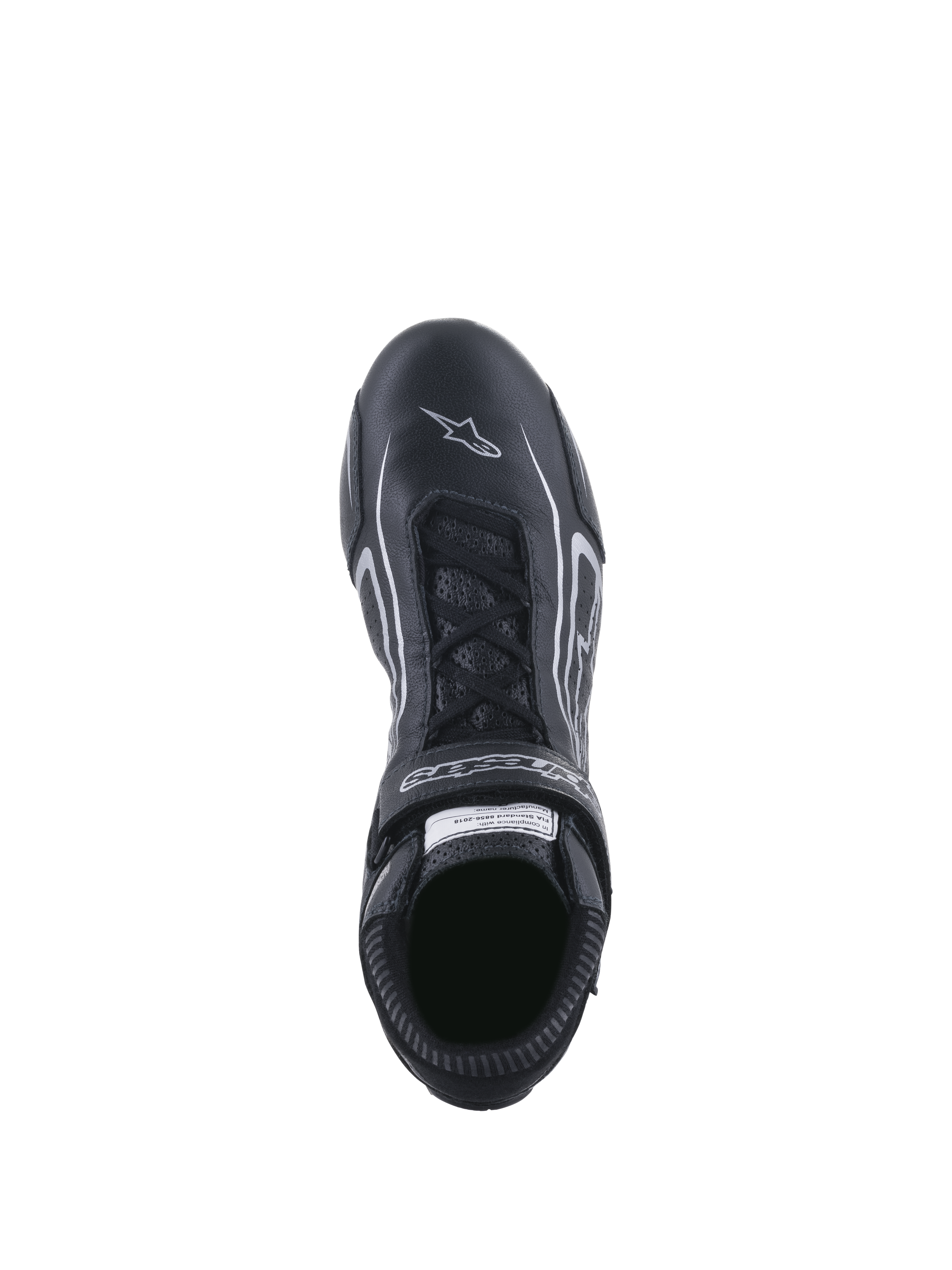 Sapatos Alpinestars Tech-1 T V3 FIA, sapatos de automobilismo, pretos e prateados, vista superior mostrando o sistema de atacadores e tira de gancho e laço com marca, couro bovino integral com logótipo de estrela branco na biqueira, calçado profissional de desporto motorizado