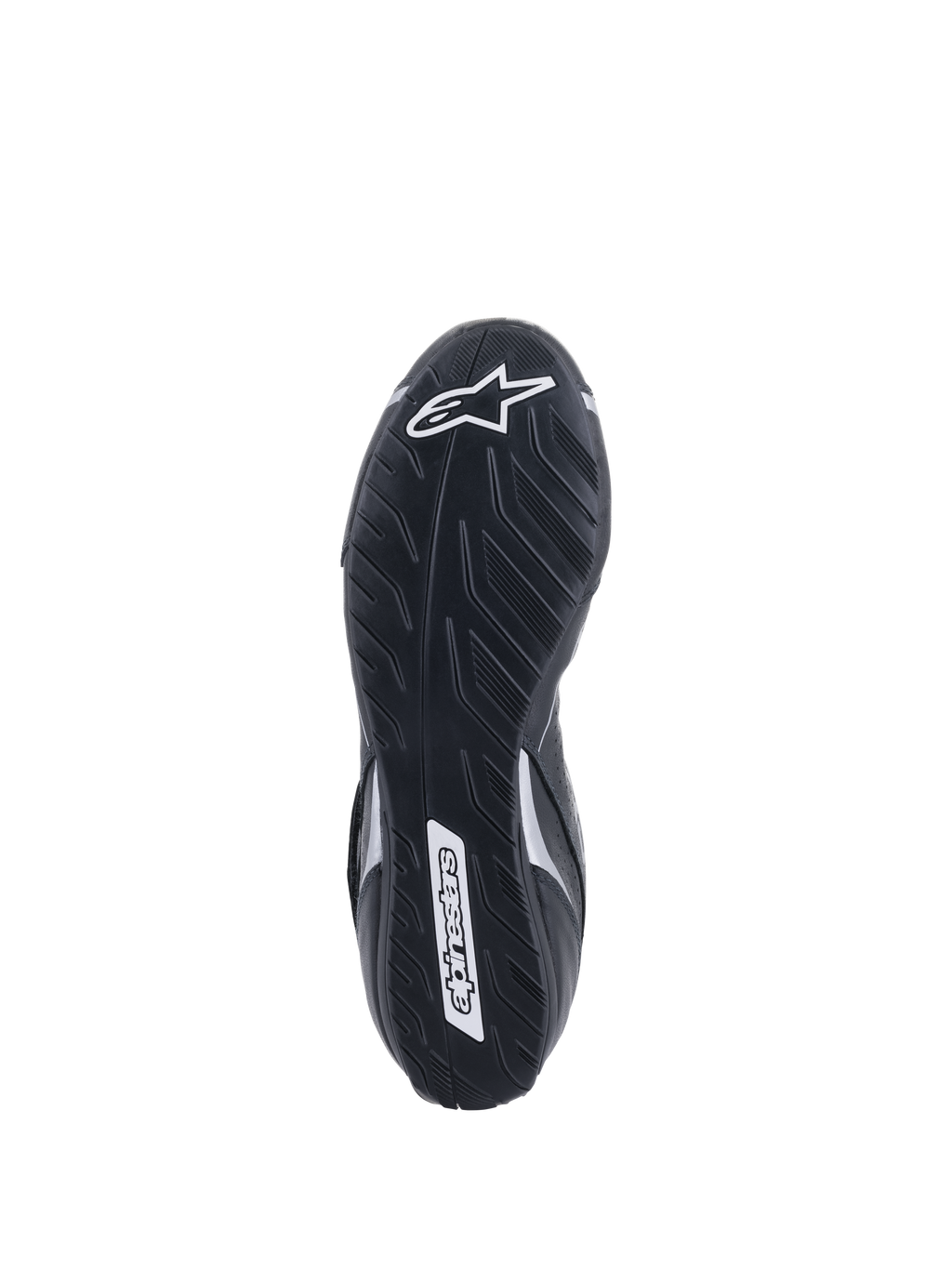 Sapatos Alpinestars Tech-1 T V3 FIA, vista da sola, pretos e prateados, sola exterior de borracha assimétrica com padrão de rasto de pneu, logótipo Alpinestars em branco, composto fino para sensibilidade aos pedais